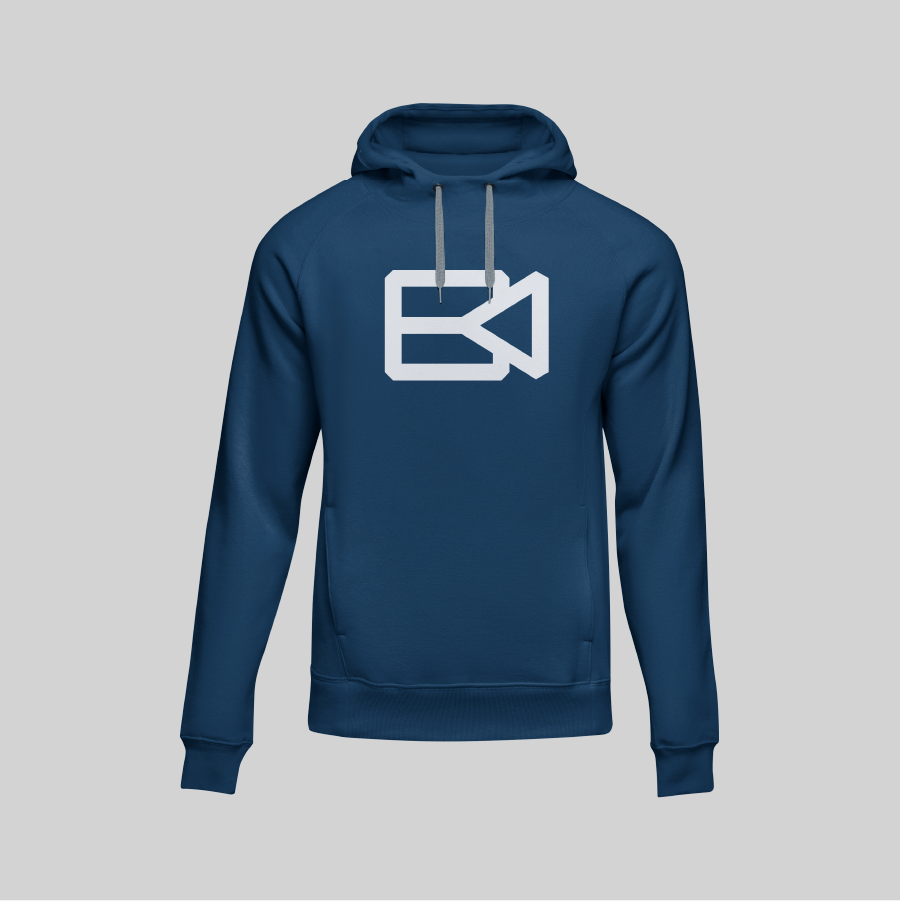 Logo displayed prominently on a blue hoodie, showcasing a modern design and vibrant color contrast.