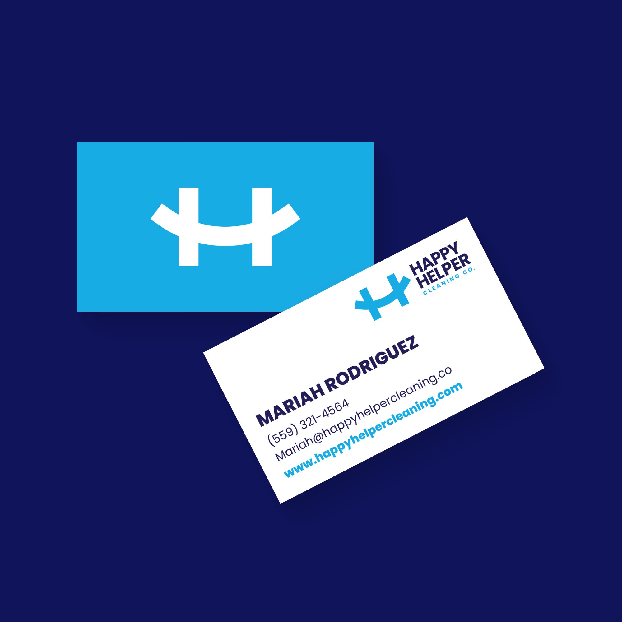 Happy Helper Cleaning Co. business card and logo design demonstrating the company's visual brand identity.