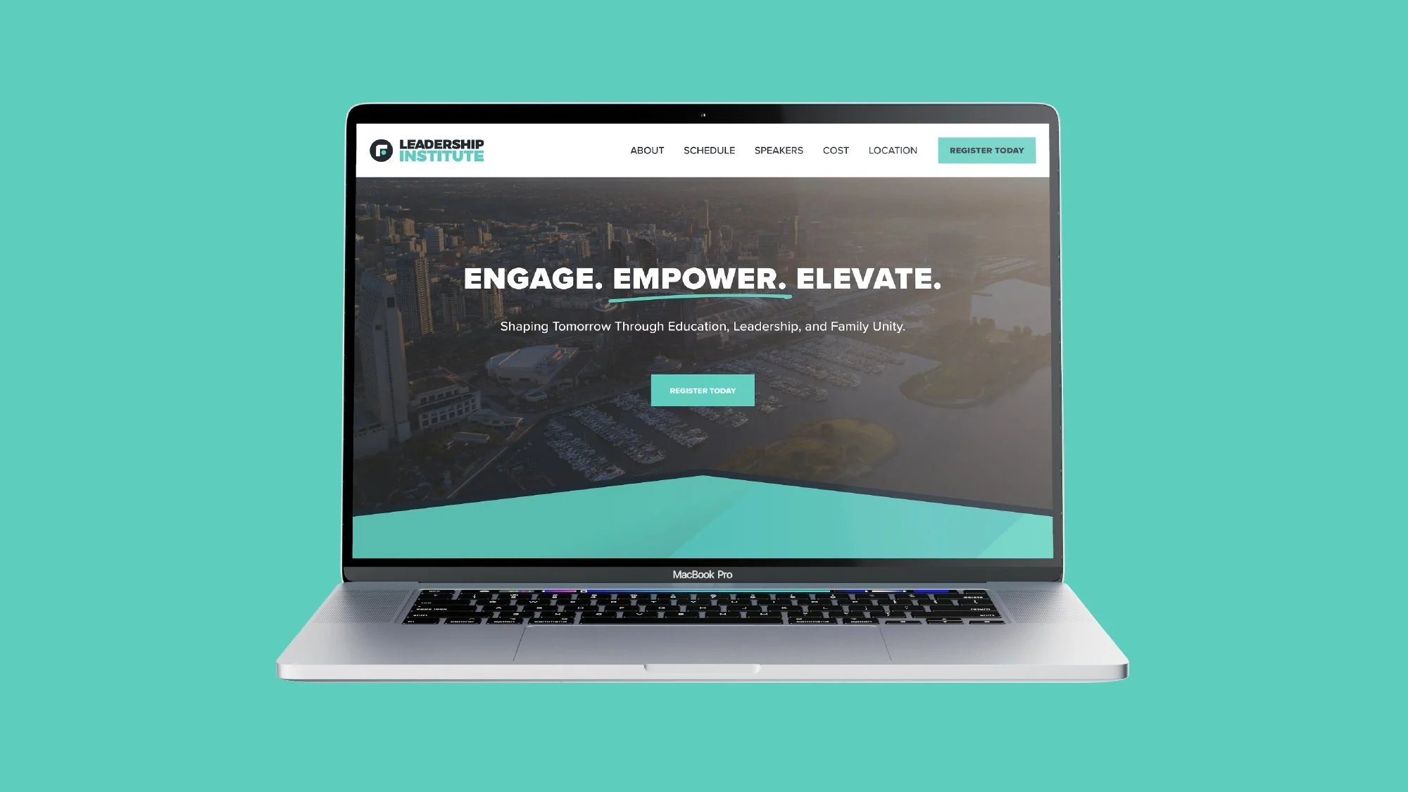 A MacBook Pro displaying a website for a leadership institute, featuring a city aerial view background with the text 'Engage. Empower. Elevate.' and a "Register Today" button.