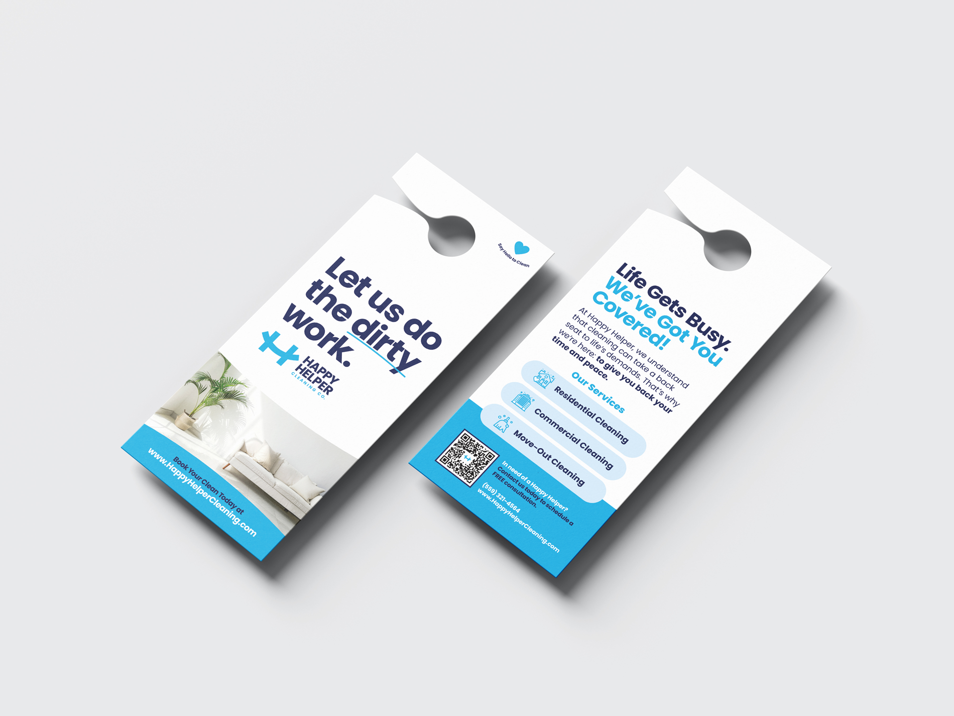 Custom door hanger marketing design for Happy Helper Cleaning Co. featuring residential cleaning service branding and promotional messaging.