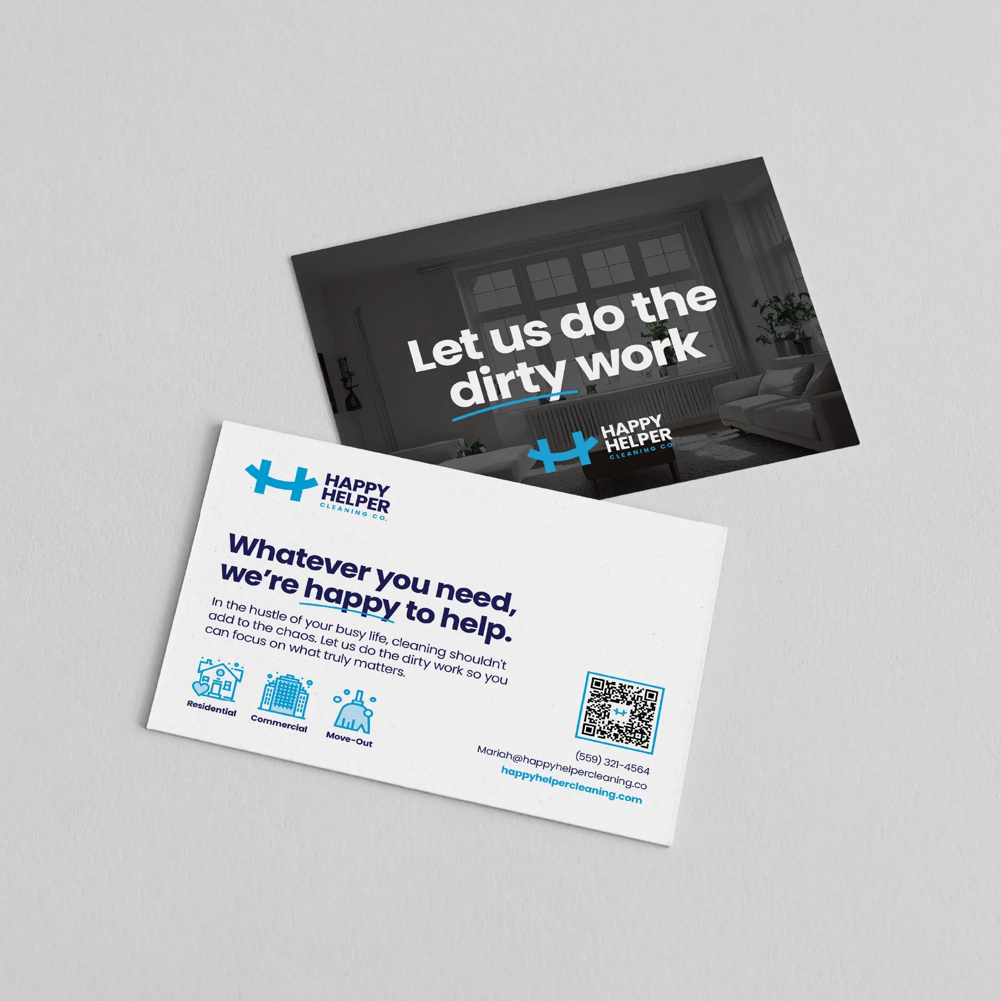 Happy Helper Cleaning Co. branded marketing postcard showcasing professional house cleaning services and promotional messaging.