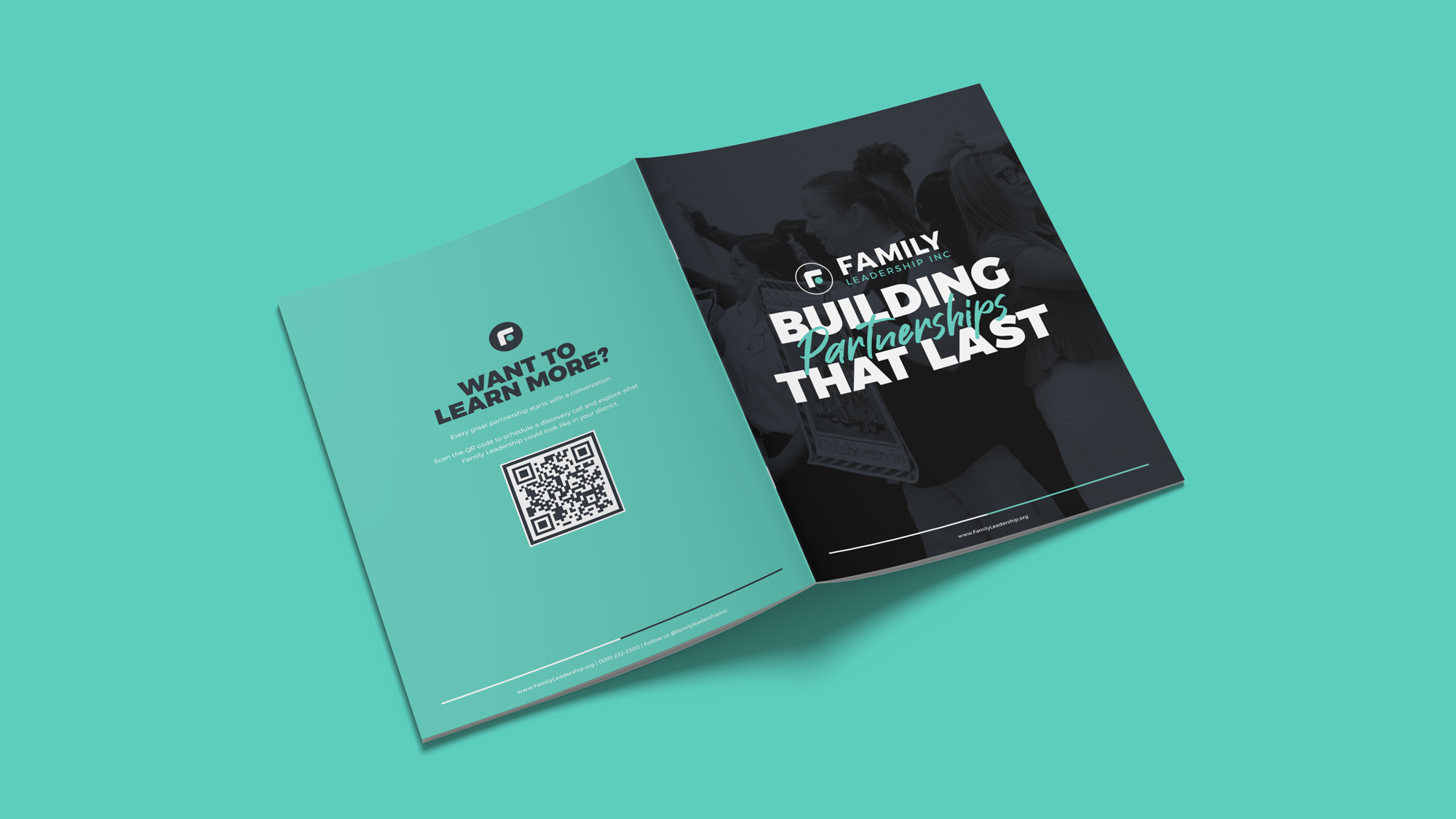 Family Leadership Inc. brochure design showcasing organizational messaging, leadership development, and community engagement initiatives.