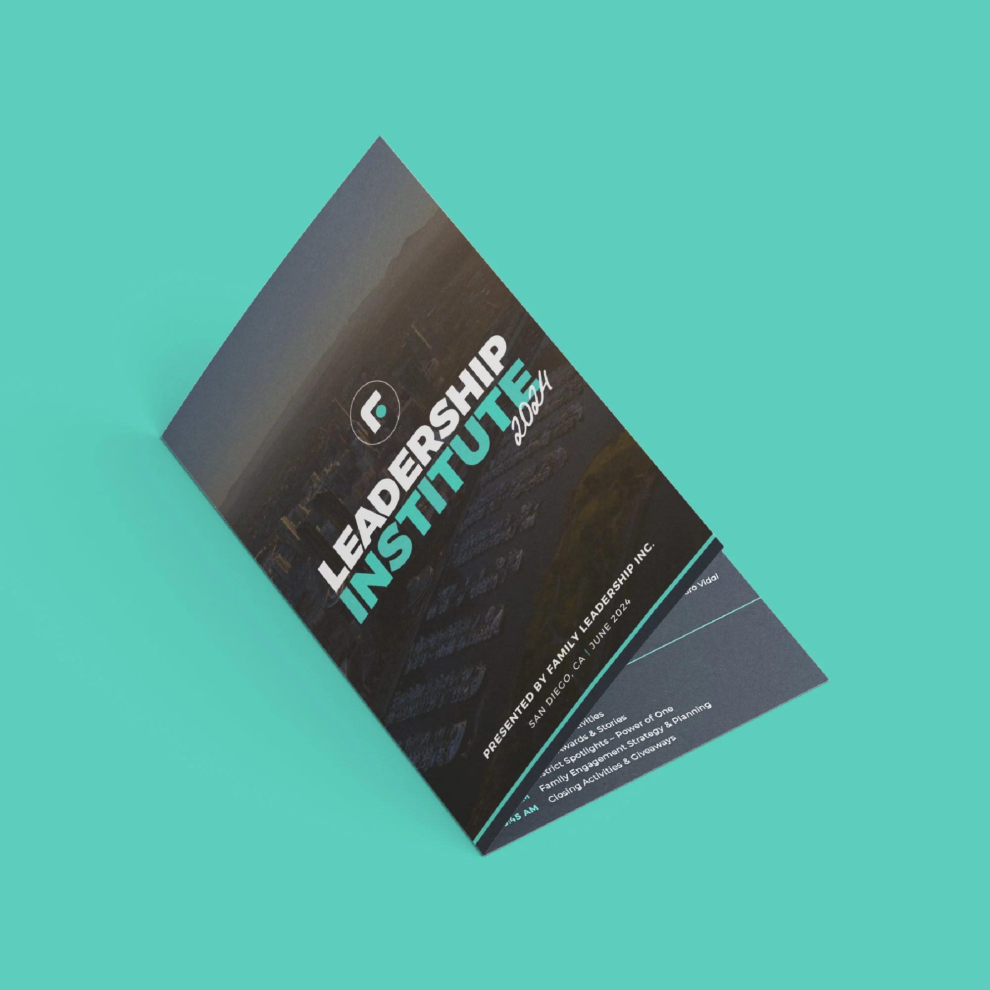 Family Leadership Inc. promotional flyer design highlighting leadership training and community impact programs.