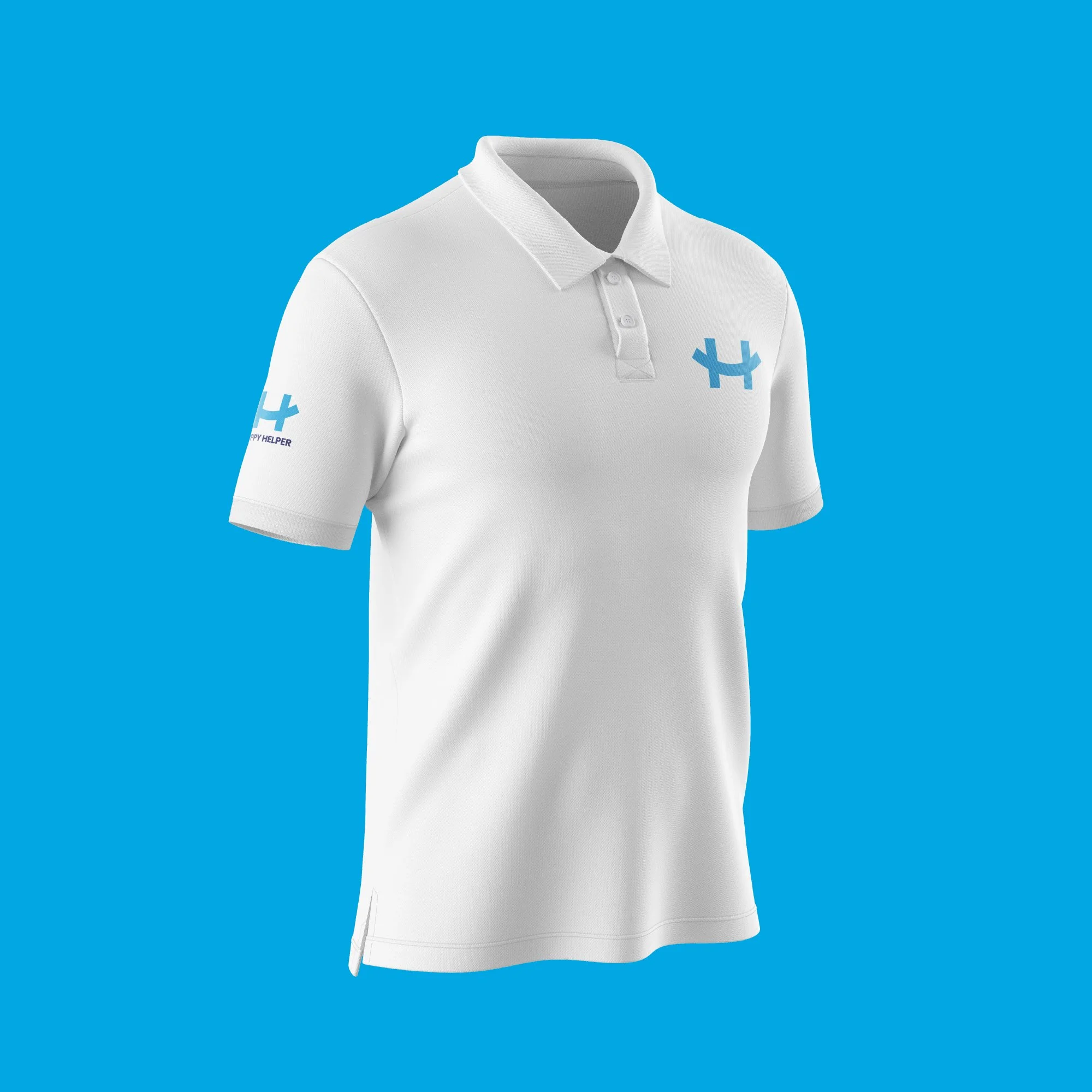 White Happy Helper Cleaning Co. polo shirt featuring embroidered company branding and logo.