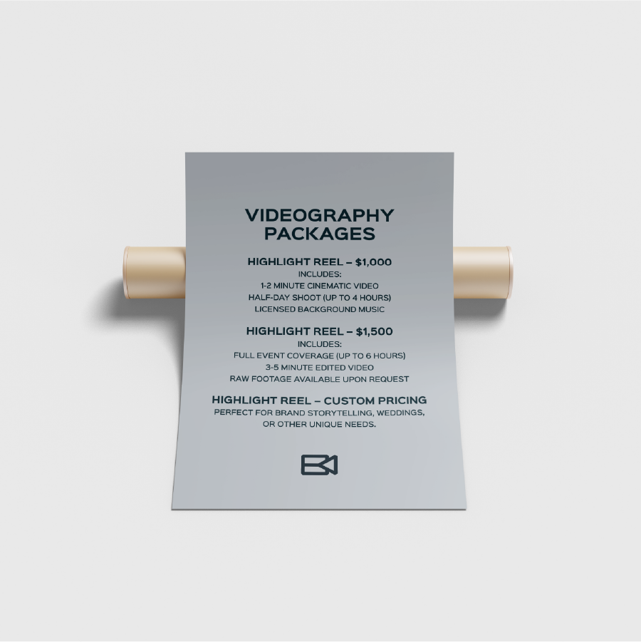 Bobby Palacios videography package pricing sheet designed to present creative services and project offerings.