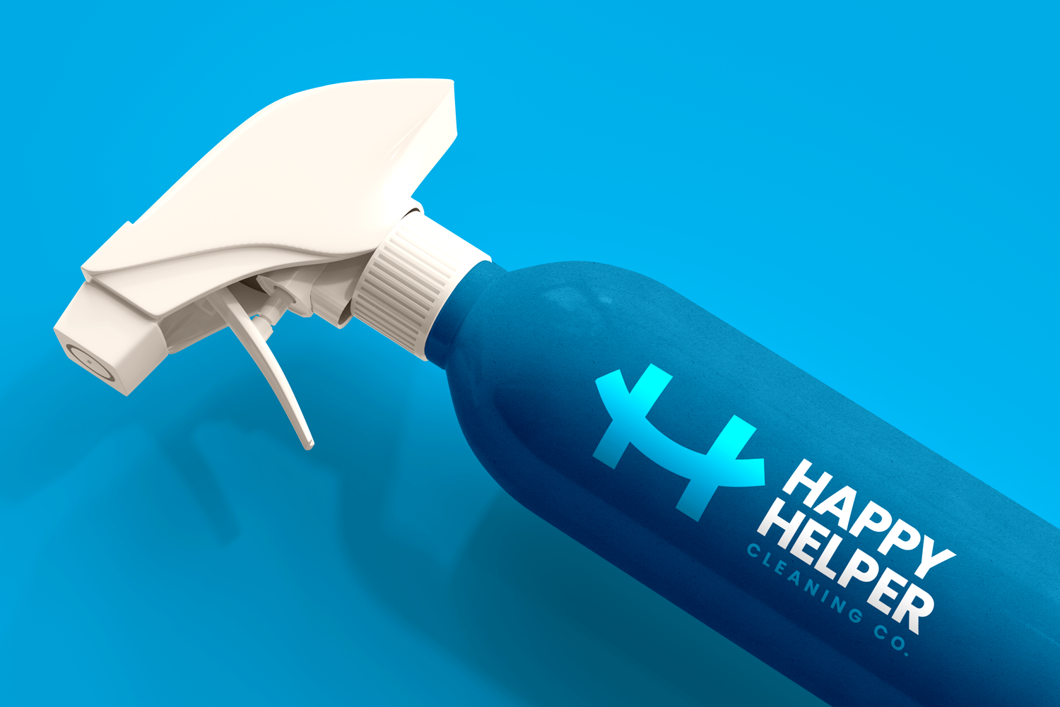 Blue spray bottle branded with the Happy Helper Cleaning Co. logo and visual identity on a bright blue background.