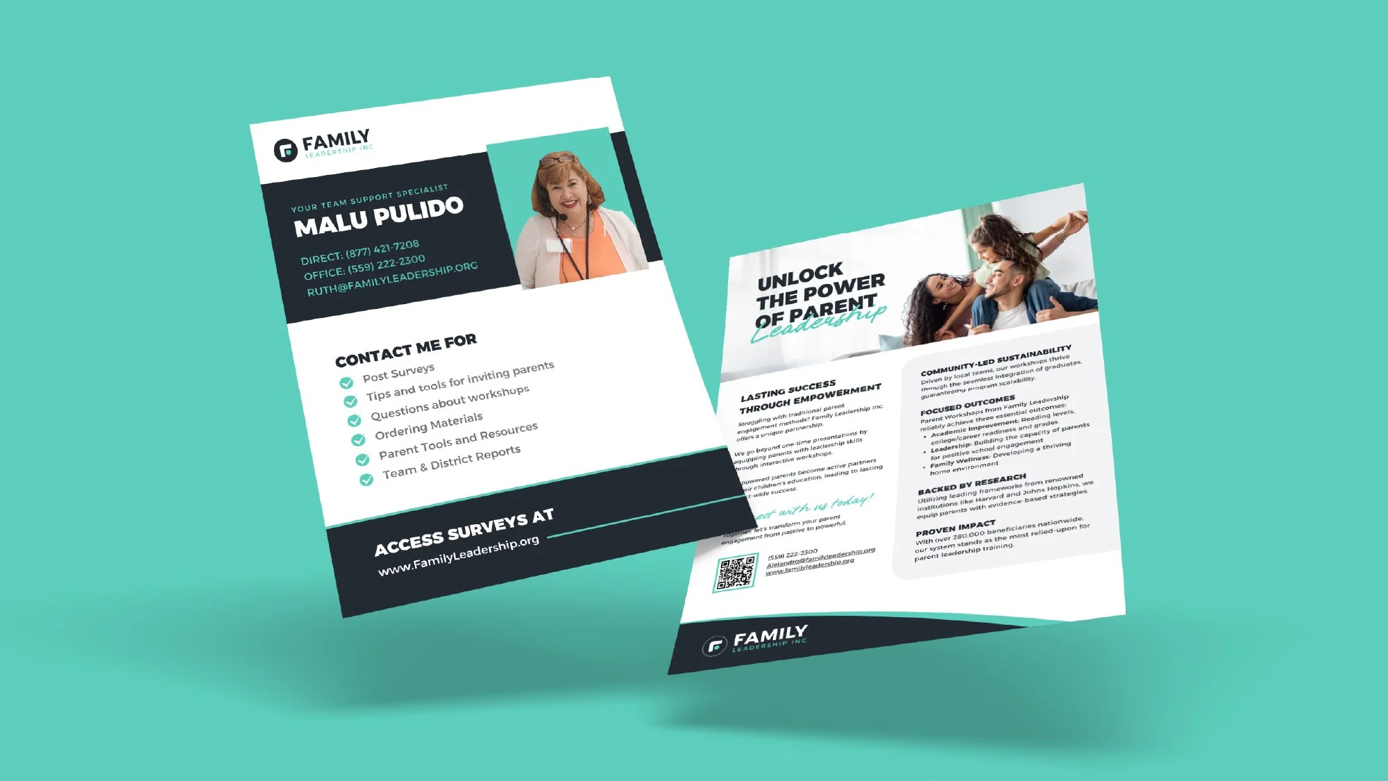 Family Leadership Inc. printed program materials designed to promote leadership development and community engagement initiatives.