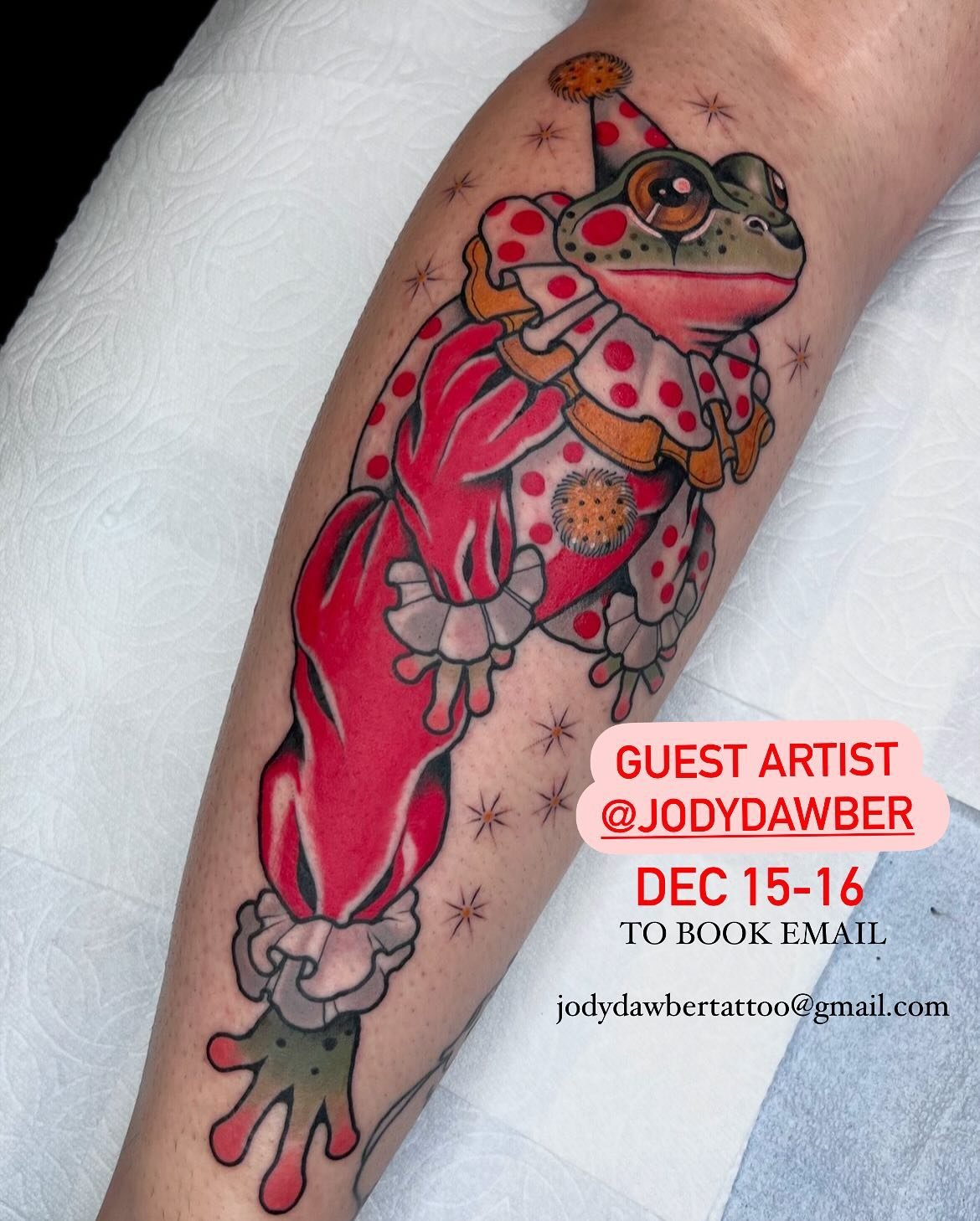 🎉🪩Guest artist ⭐️ @jodydawber ⭐️ Dec 15-16💫 To book an appointment Email: jodydawbertattoo@gmail.com ✨🪩✨🪩✨🪩✨🪩✨🪩✨ #cutetattoo #frogtattoo #animaltattoo #traditionaltattoo #naturetattoo #prettytattoo #kawaiitattoo #clowntattoo #sandiegotattooar