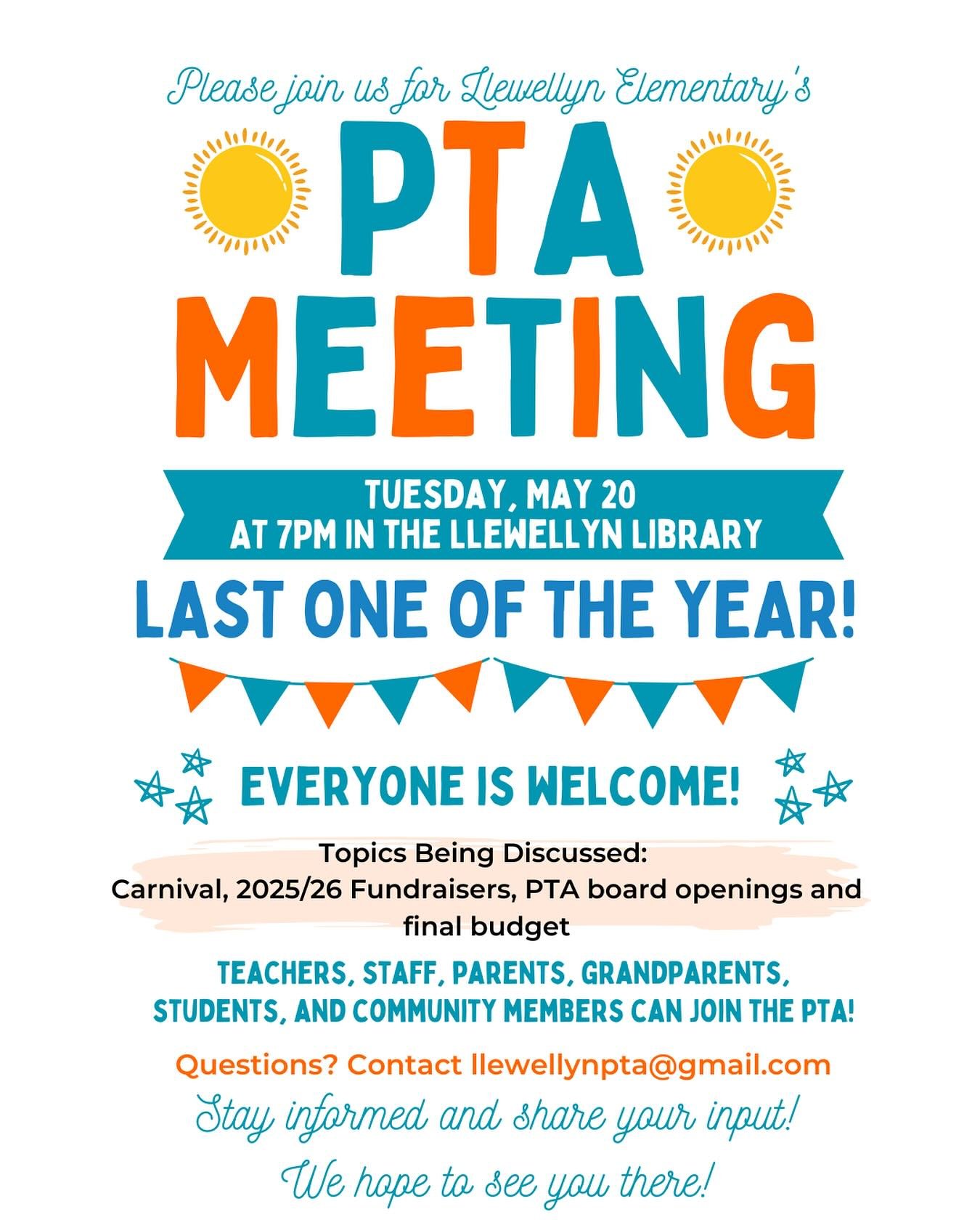 🎉 It&rsquo;s the LAST PTA MEETING of the school year! 🎉
Join us on tonight at 7PM in the Llewellyn Library for one final gathering before summer break! ☀️
