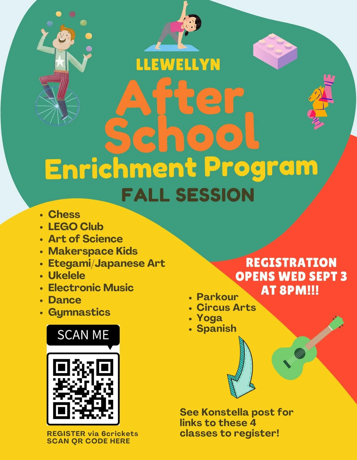 Our After School Enrichment Program &ndash; Fall Session is here with amazing classes like Chess, LEGO Club, Dance, Gymnastics, Parkour, Ukulele, Spanish, and more!

📅 Registration opens Wednesday, Sept 3 at 8PM &ndash; don&rsquo;t miss out!
📲 Scan