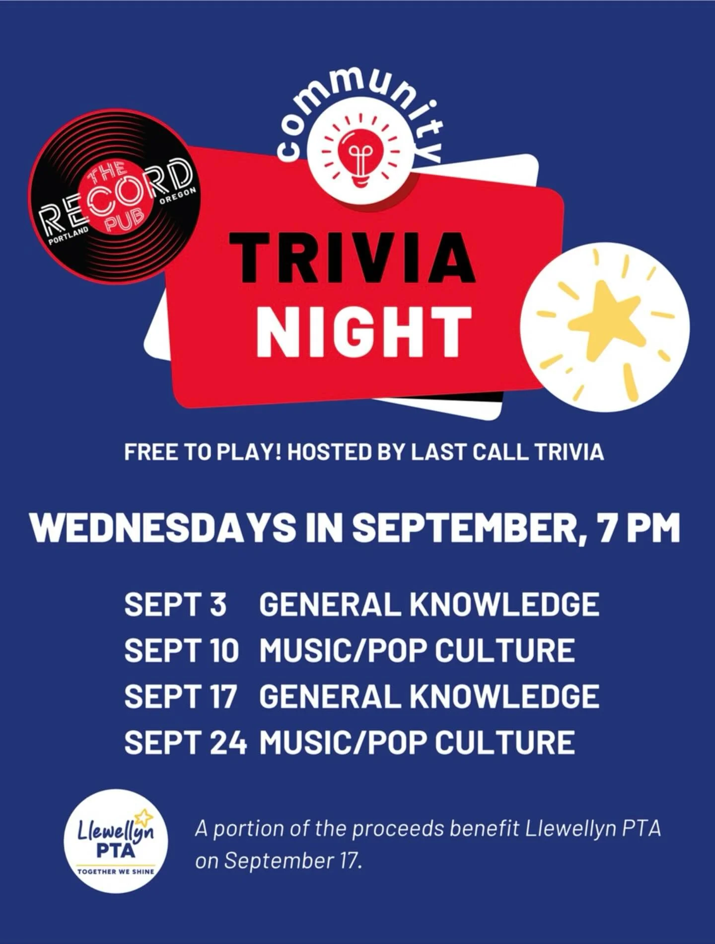 ⭐️Mark your calendars!⭐️
Join us for Trivia Night at The Record Pub on Wednesday, Sept 17 at 7 PM&mdash;a fun night of General Knowledge trivia where a portion of proceeds benefits Llewellyn PTA! 🎉

Bring friends, test your smarts, and support our s
