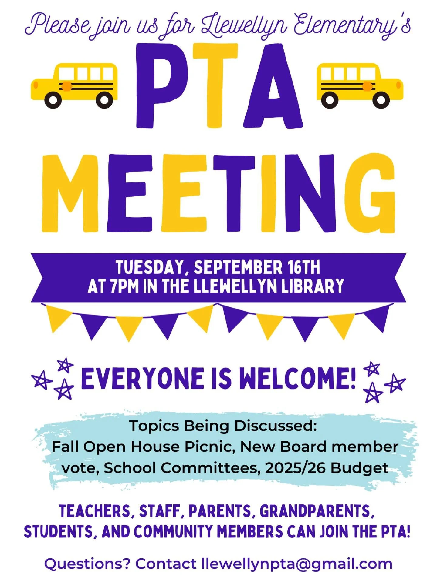 First Llewellyn PTA Meeting of the year! 
Tues, Sept 16 &bull; 7PM &bull; Library
⭐️Everyone welcome&mdash;parents, staff, students &amp; community!⭐️
