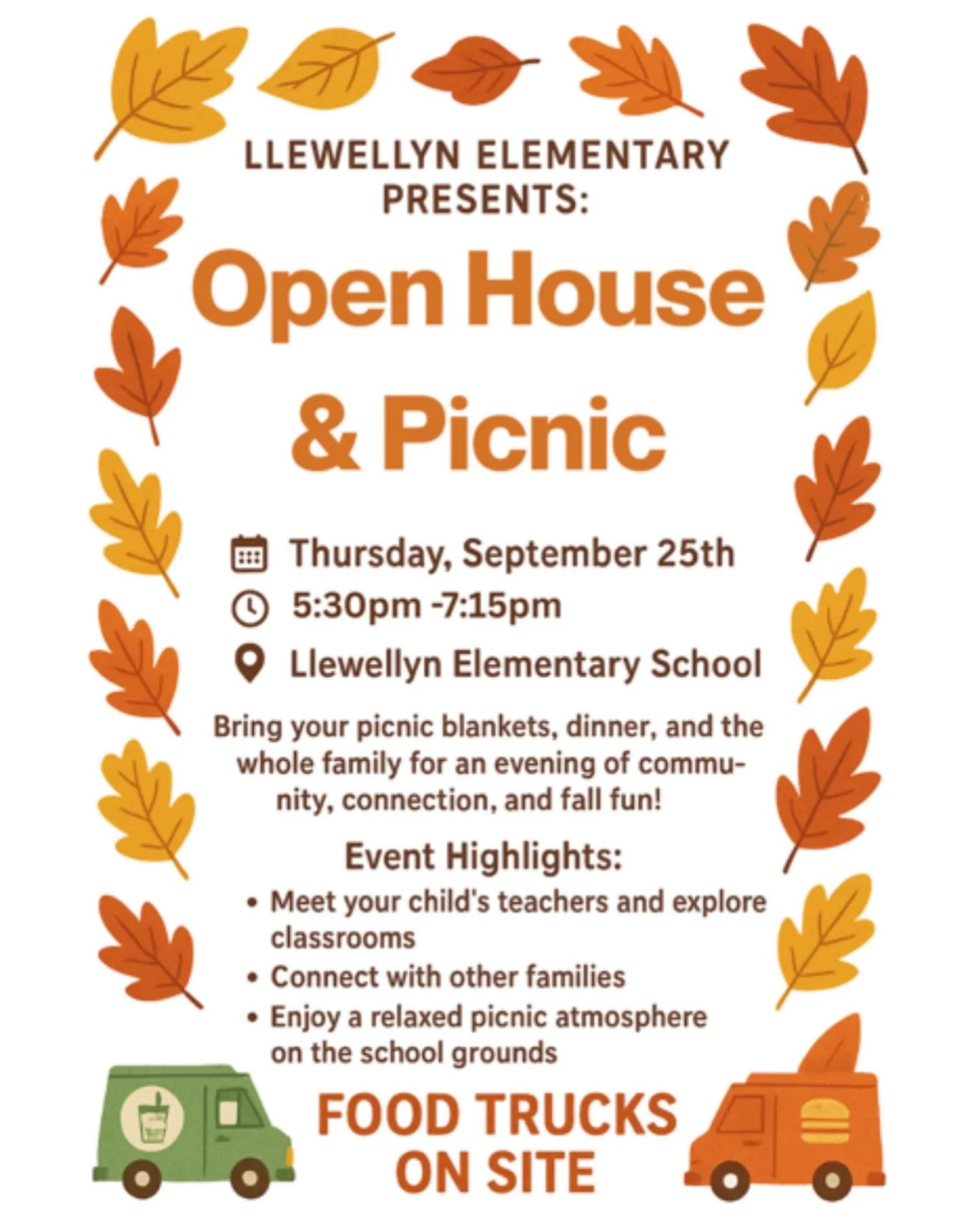 🍂✨ Llewellyn Open House &amp; Picnic! ✨🍂
Food carts arrive at 5:00pm, and classrooms open at 6:15pm.
Come early, grab dinner, and enjoy a relaxed picnic before exploring the school! 🏫💙

📅 Thursday, Sept. 25
⏰ 5:30&ndash;7:15pm
📍 Llewellyn Eleme