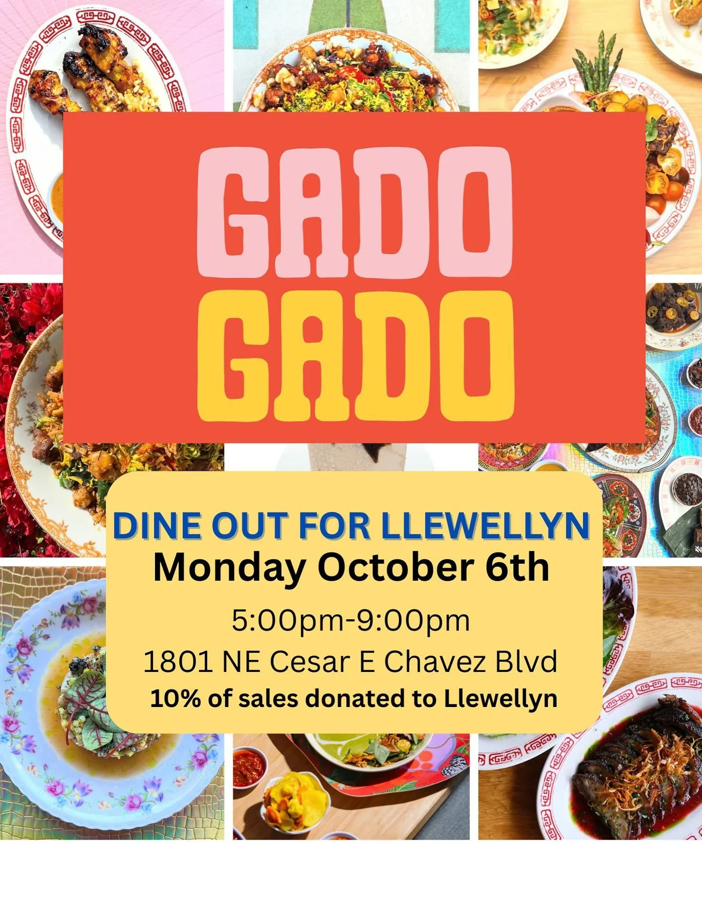 ✨ Dine Out for Llewellyn! ✨
Skip cooking and join us at Gado Gado on Monday, October 6th from 5&ndash;9pm.

🍴 Location: 1801 NE Cesar E Chavez Blvd
💛💙 10% of all sales will be donated to Llewellyn!

Bring your family, enjoy an amazing meal, and su