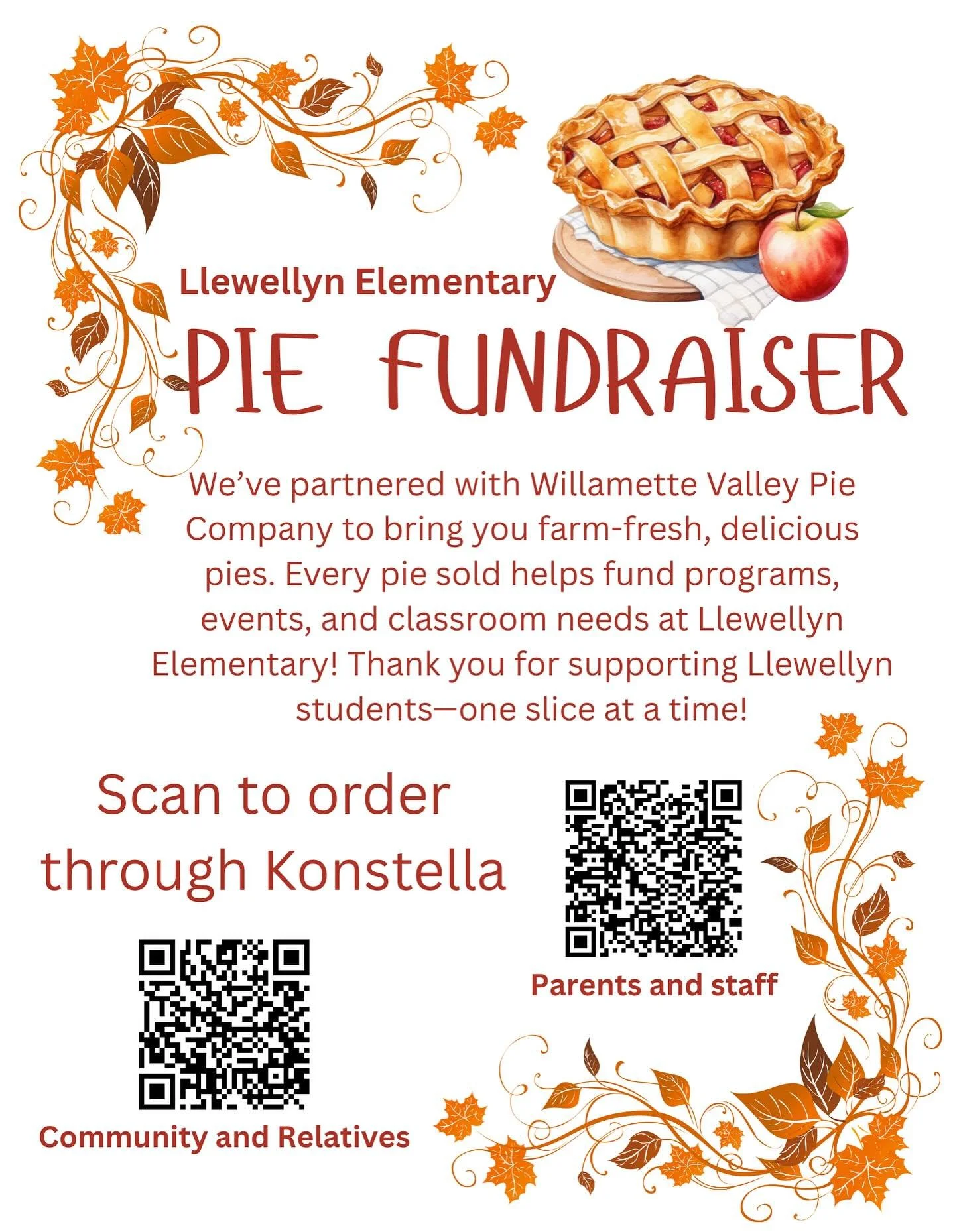 🥧 Llewellyn Elementary Pie Fundraiser! 🥧
We&rsquo;ve partnered with Willamette Valley Pie Company to bring you farm-fresh, delicious pies&mdash;just in time for the holidays! Every pie sold helps fund programs, events, and classroom needs at Llewel
