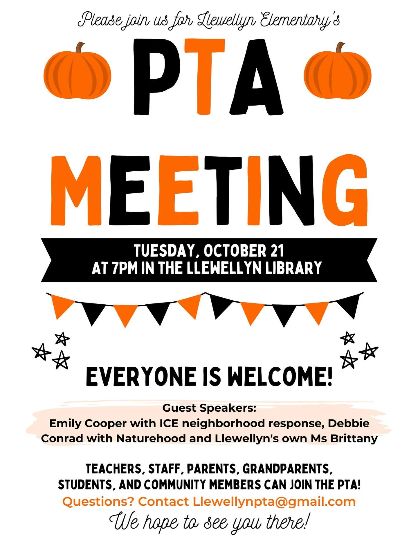 🎃 Join us for Llewellyn Elementary&rsquo;s PTA Meeting on Tuesday, October 21 at 7PM in the library!
Come connect, hear from our guest speakers, and help make our school community even stronger. Everyone is welcome! 🧡
