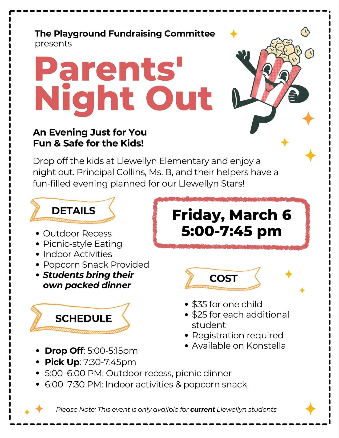 Need a night off? Parents&rsquo; Night Out is Friday, March 6 from 5:00&ndash;7:45 pm at Llewellyn Elementary. Kids will enjoy games, activities, and popcorn while parents enjoy a well-deserved break. Register on Konstella.