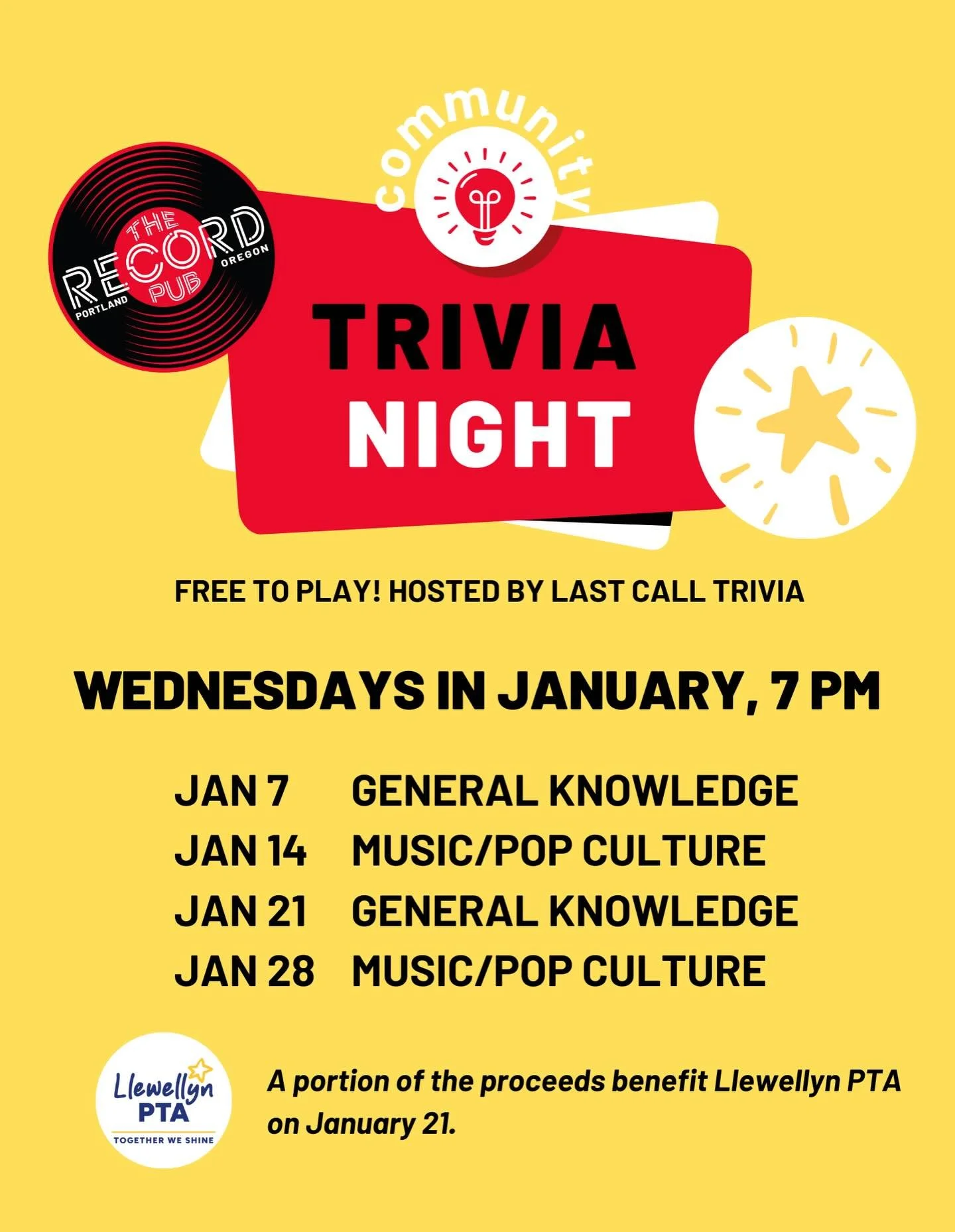 Trivia Night at The Record Pub
Wednesdays in January at 7 PM &bull; Free to play

January 21 &mdash; a portion of proceeds benefits Llewellyn School

Grab your team and join us for a fun night out!