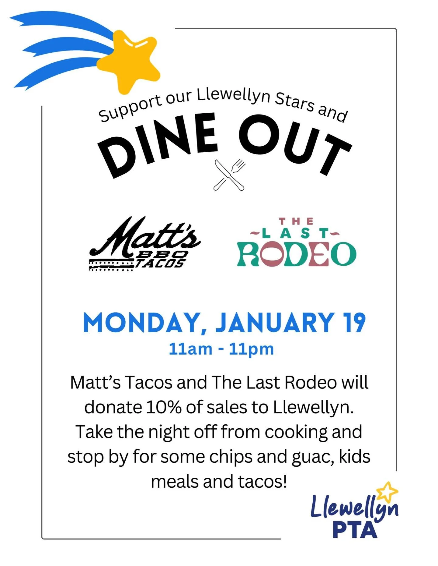 Dine out for Llewellyn on Monday, January 19 from 11am&ndash;11pm at Matt&rsquo;s BBQ Tacos, The Last Rodeo.
Enjoy dinner out and support our school&mdash;10% of sales will be donated to Llewellyn.