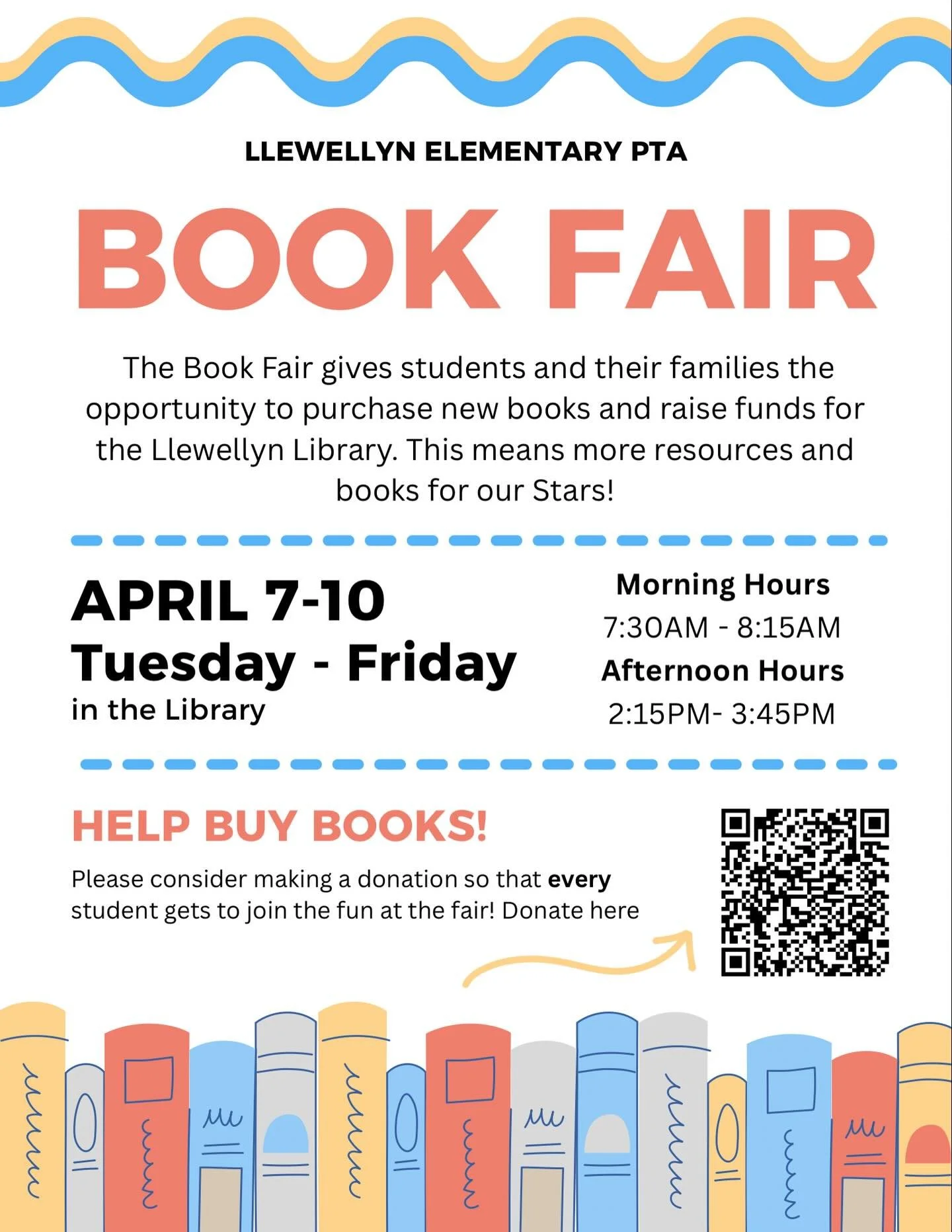 ✨ The Book Fair is coming! ✨📚

Join us April 7&ndash;10 (Tuesday&ndash;Friday) in the school library! Students and families can shop for great books while supporting our school library.

We hope to see you there!