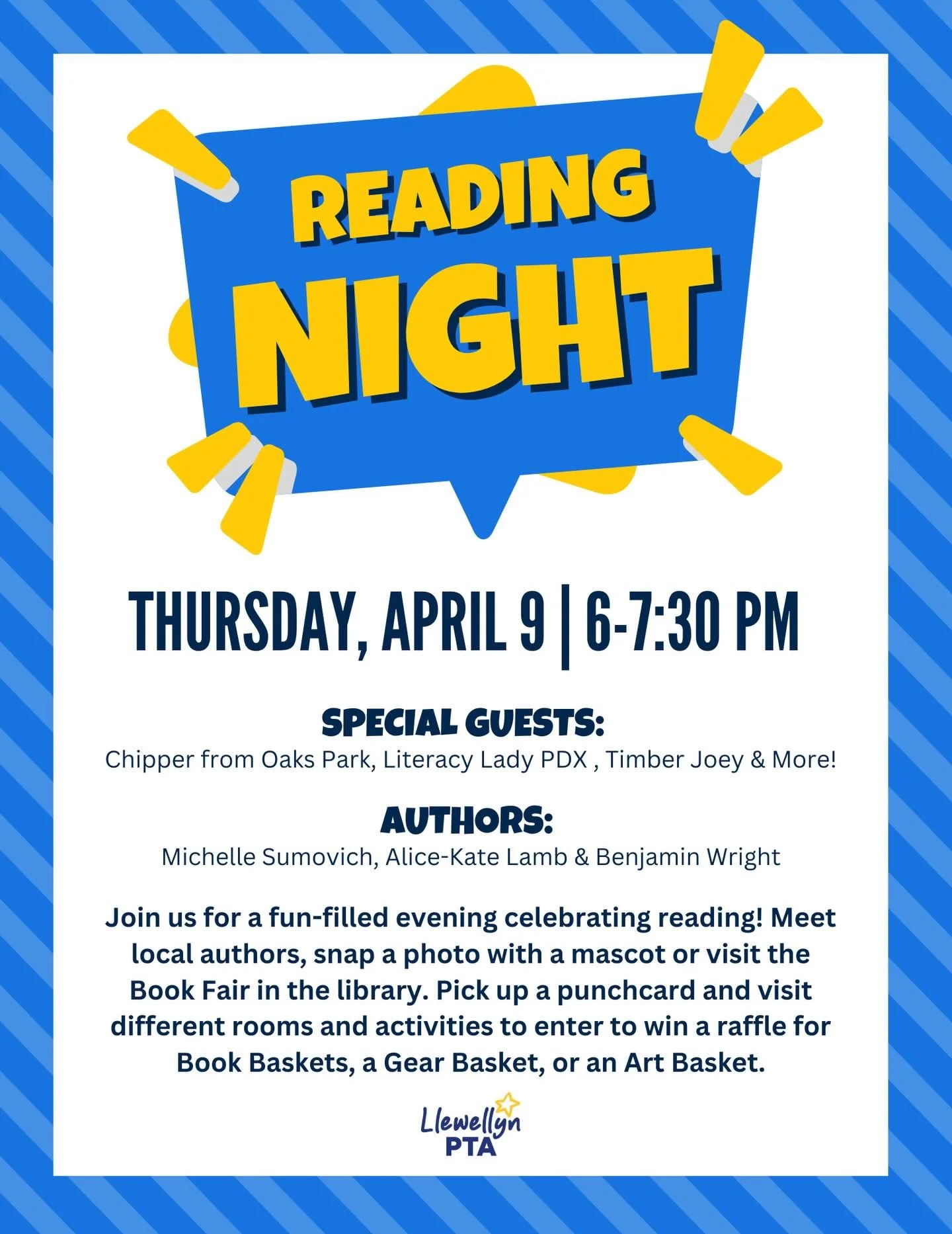📚✨ Reading Night is coming!

Join us Thursday, April 9 from 6&ndash;7:30 PM for a fun-filled evening celebrating books and literacy. Meet local authors, enjoy special guests, explore the book fair, and complete activities for a chance to win excitin