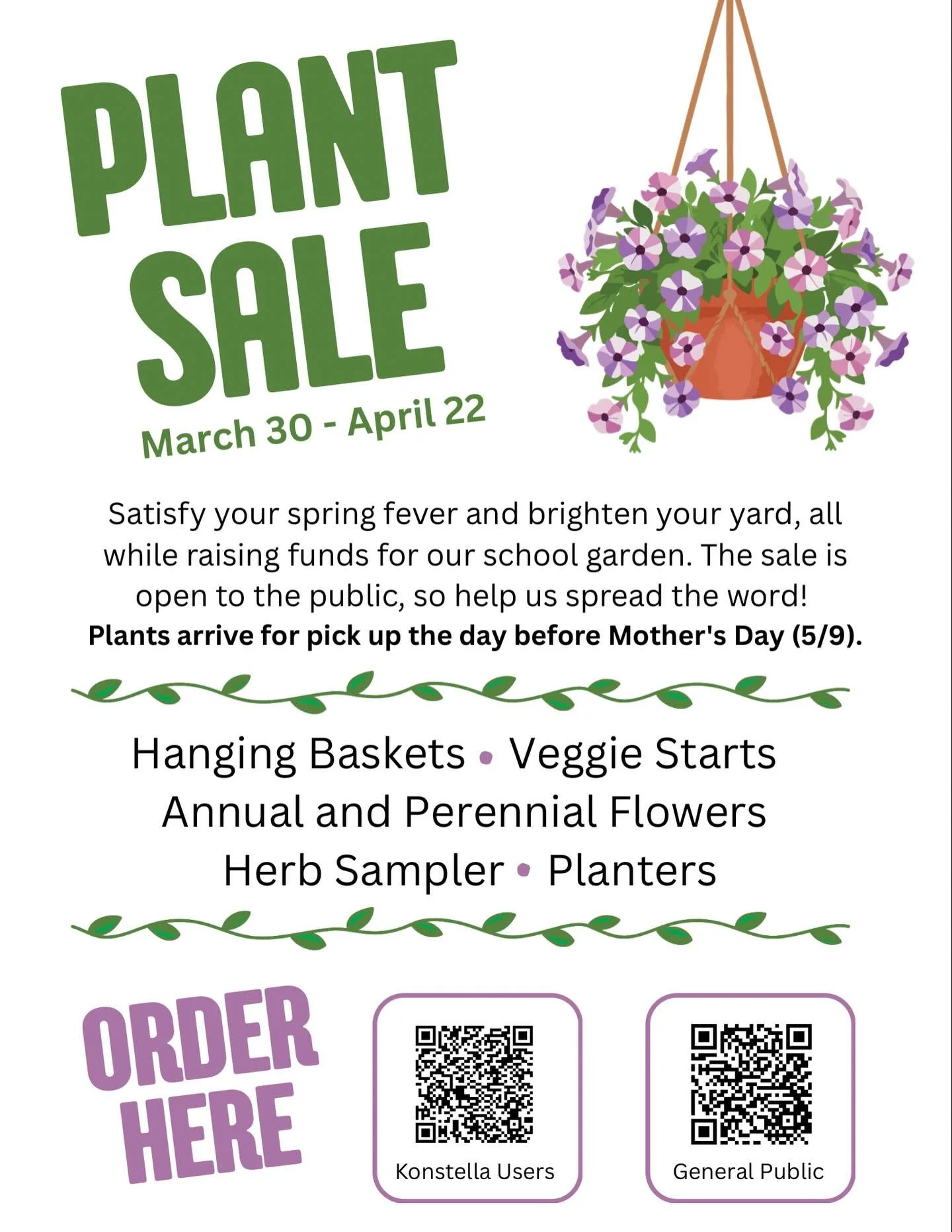 🌸 Spring Plant Sale is HERE! 🌿

Stock up on beautiful hanging baskets, flowers, herbs, and veggie starts&mdash;just in time to brighten your yard and support our school garden 

Order now through April 22
Pickup just before Mother&rsquo;s Day

Open