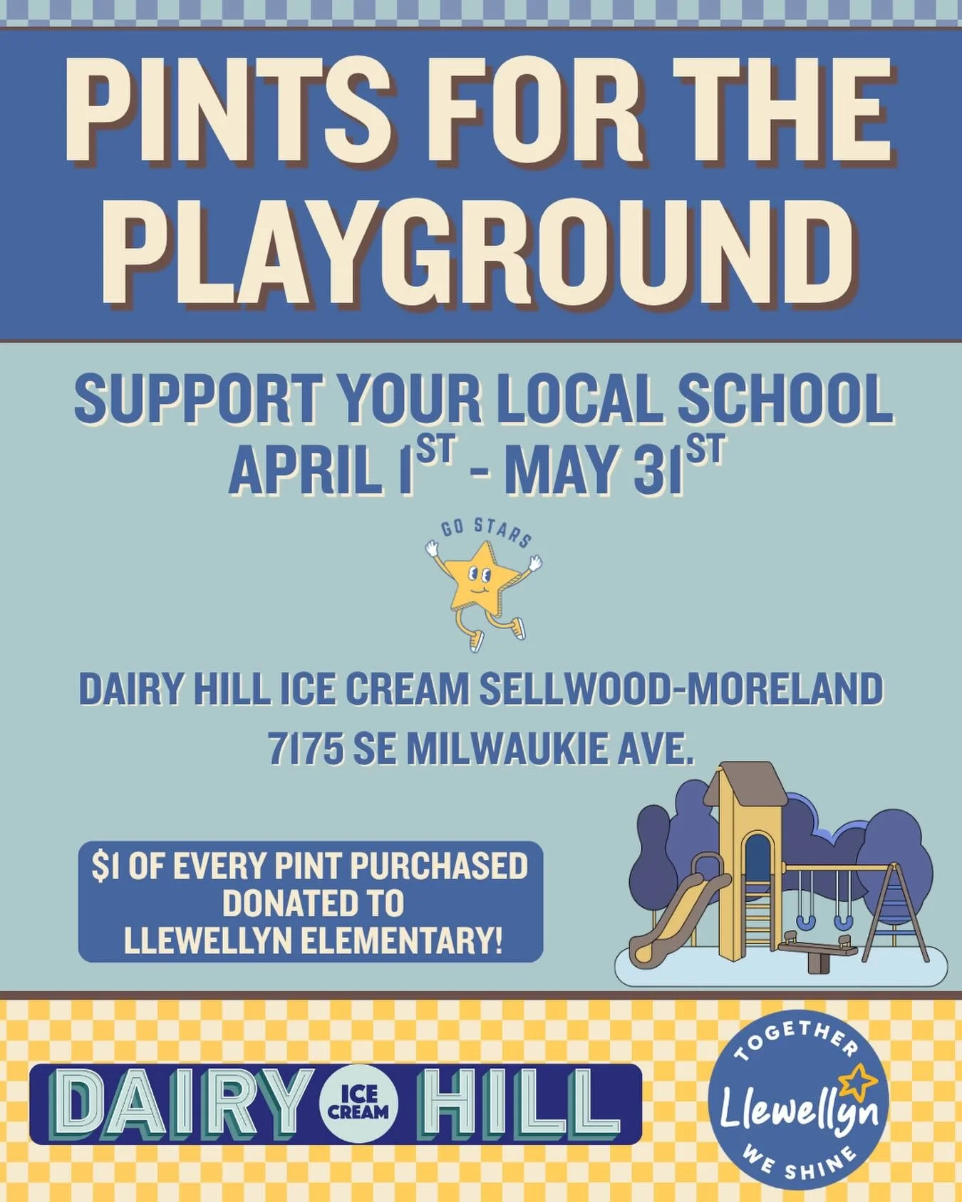 🍦 Pints for the Playground 🍦

April 1 to May 31 grab a pint at Dairy Hill Ice Cream in Sellwood Moreland and help support Llewellyn. $1 from every pint is donated  towards our new playground! 💙

Sweet treats for a great cause 🍨✨