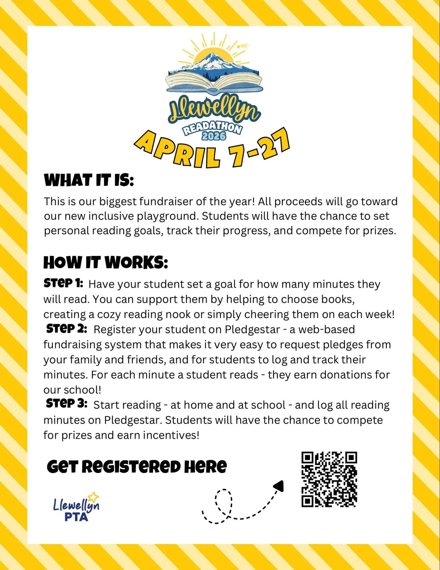 Llewellyn Readathon is here! 

Our biggest fundraiser of the year is kicking off. Students can set reading goals track their minutes and earn prizes all while helping raise funds for our new playground 💙

Sign up to start reading and share with fami