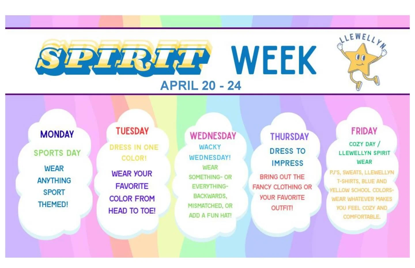 Spirit Week is almost here April 20th to 24th.

Dress up, have fun, and show your school spirit all week long!! 💙💛
