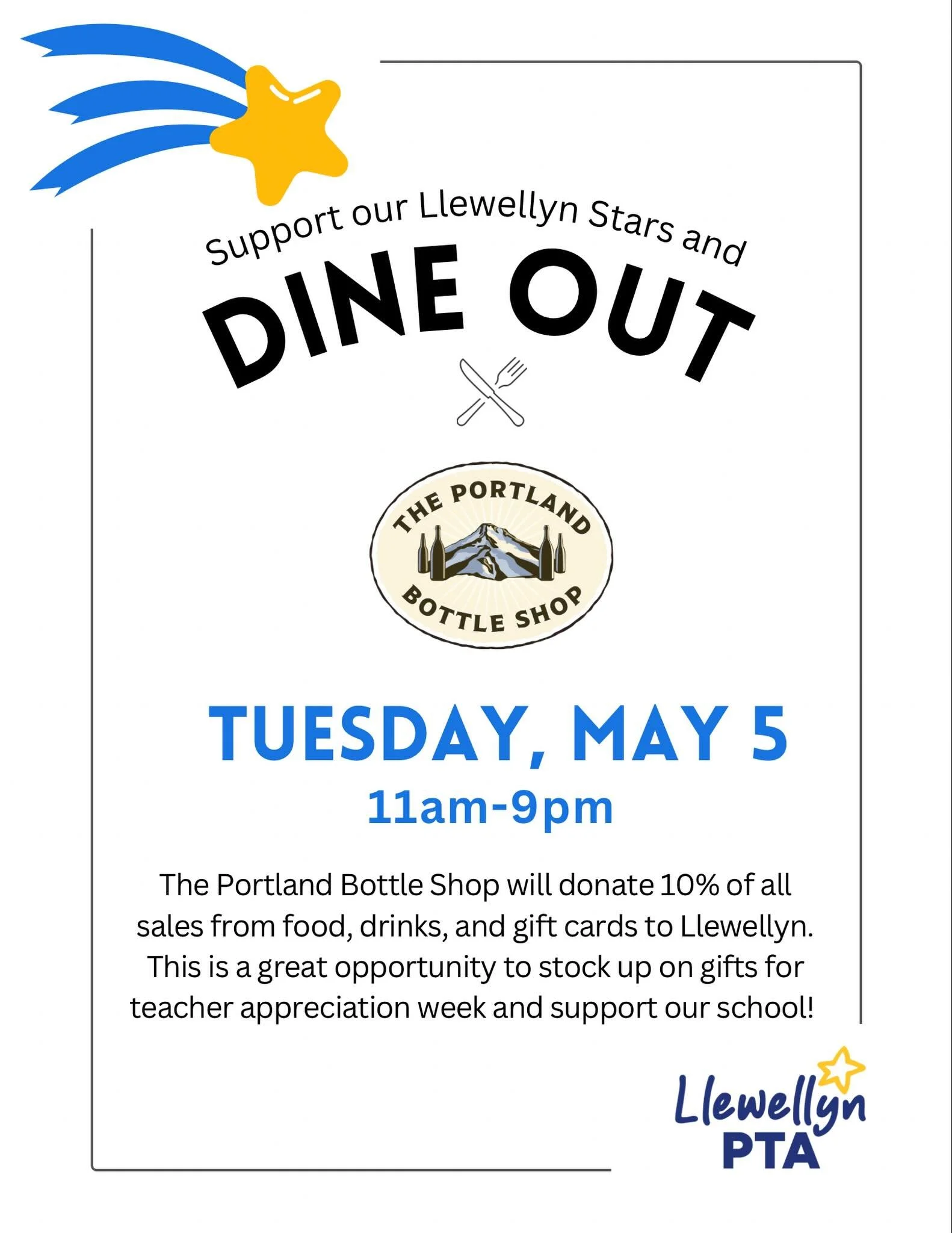 Join us for our next Dine Out Night at The Portland Bottle Shop on Tuesday, May 5 from 11am&ndash;9pm!

Enjoy great food, drinks, or grab gift cards while supporting Llewellyn&mdash;10% of all sales will be donated back to our school ⭐ Perfect timing