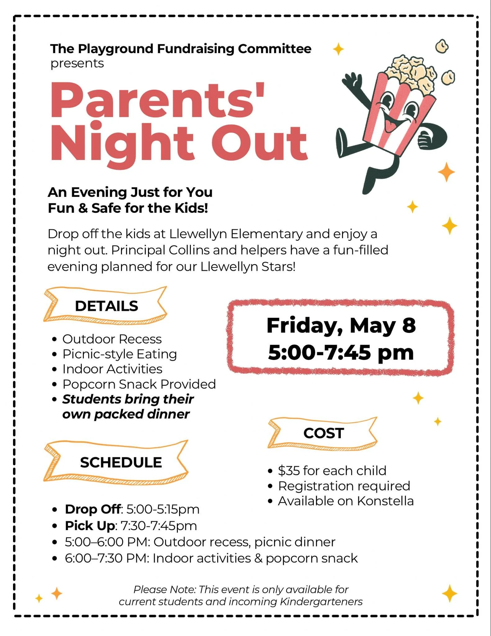 Parents&rsquo; Night Out is back. Drop the kids at Llewellyn Elementary and enjoy an evening to yourself while they have a fun, safe night with friends.

Friday, May 8 from 5:00&ndash;7:45 pm
$35 per child. Registration required on Konstella.