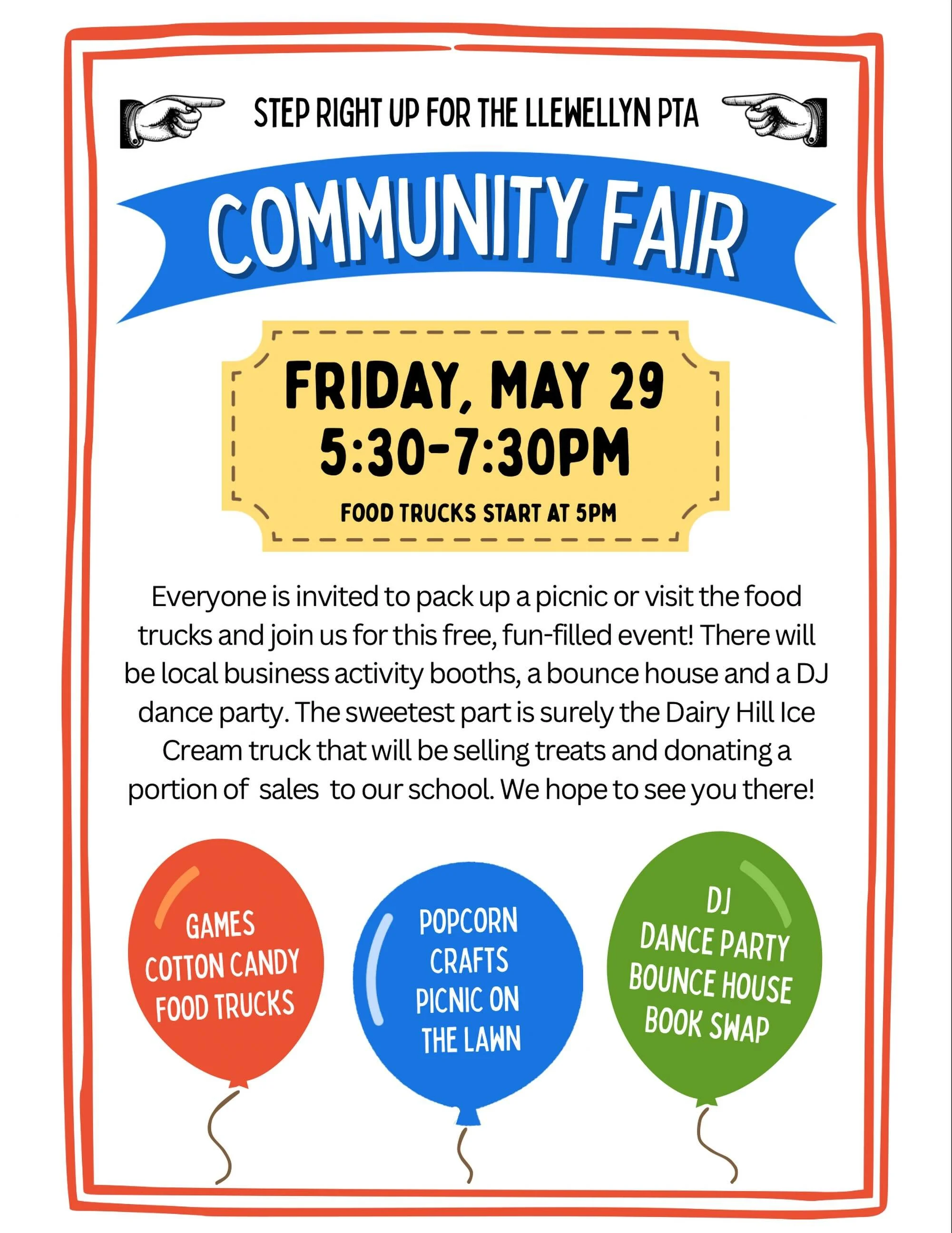 Step right up and join us for the Llewellyn Community Fair on Friday, May 29 from 5:30&ndash;7:30pm! Food trucks start at 5pm.

Bring a picnic blanket and enjoy games, crafts, bounce house fun, a DJ dance party, book swap, sweet treats and more. We c