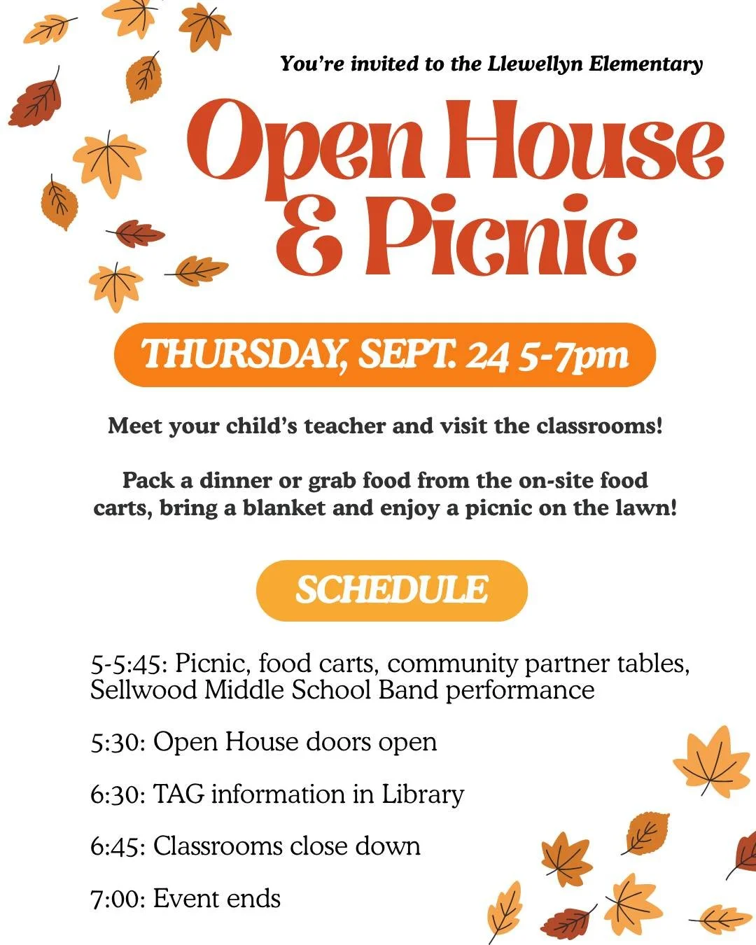 📆 Save the date for the Open House &amp; Picnic at Llewellyn Elementary! 
🌮 Pack a picnic or purchase dinner from the food carts (starting at 5pm) 
🎶 Hang out on the lawn and enjoy a performance from the Sellwood Middle School Band
🍎 Meet your ch