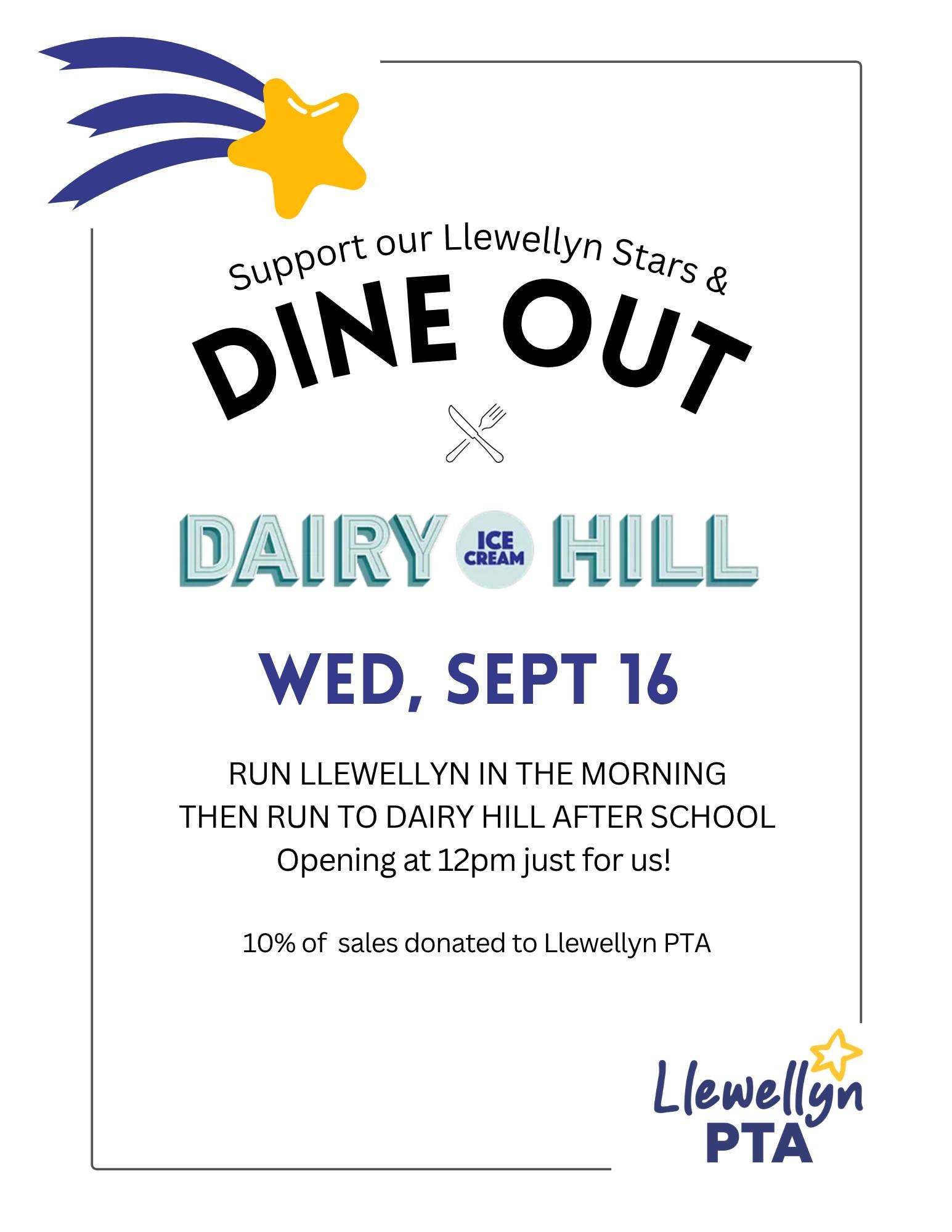 Reward you runner with a tasty treat after Run Llewellyn and early release next week!  @dairyhillpdx is opening early at 12pm and donating 10% of sales to our school. 💛💙
