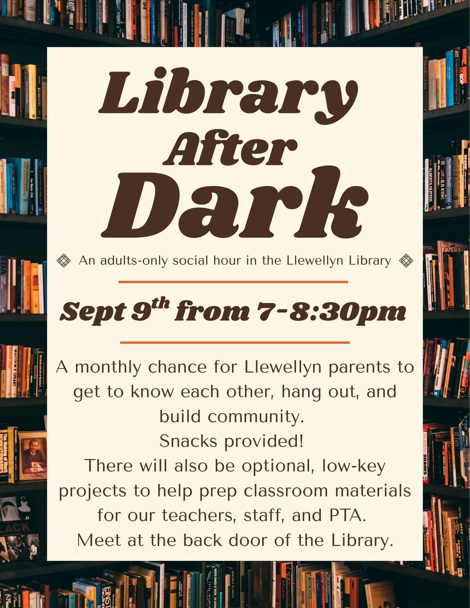 Leave the kids at home and head to the Library After Dark! 🔦 Next Wednesday we kick off our monthly, adults-only gathering that gives us grown ups some time to connect and hang out. Bring a friend or come make a new one!