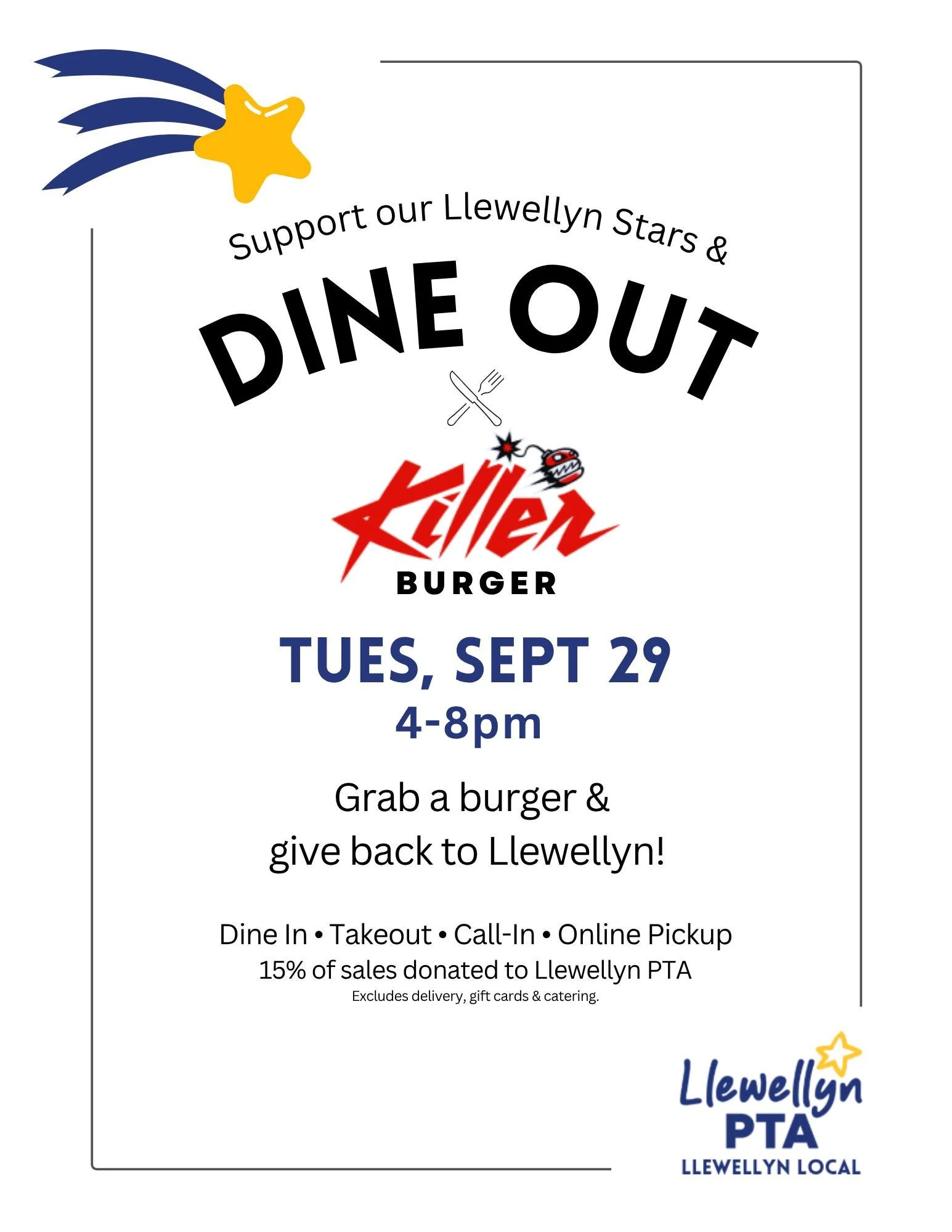 🍔 Grab a burger and give back to Llewellyn! 
💰15% of  dine in and take our orders will be donated to the Llewellyn PTA. 
🌟 The PTA funds community events like the Carnival, provides teacher stipends, funds field trips and much more!