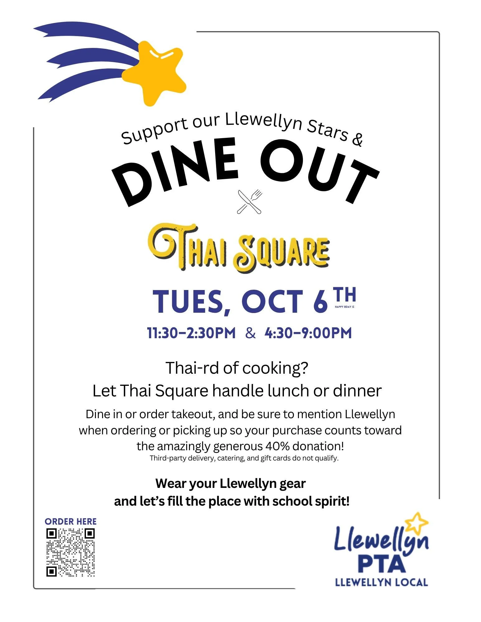 Grab a meal from Thai Square on Tuesday, October 6th and give back to Llewellyn! 
💰40% of dine in and take out orders will be donated to the Llewellyn PTA (be sure to mention Llewellyn when ordering) 
🌟 The PTA hosts community events like the Monst