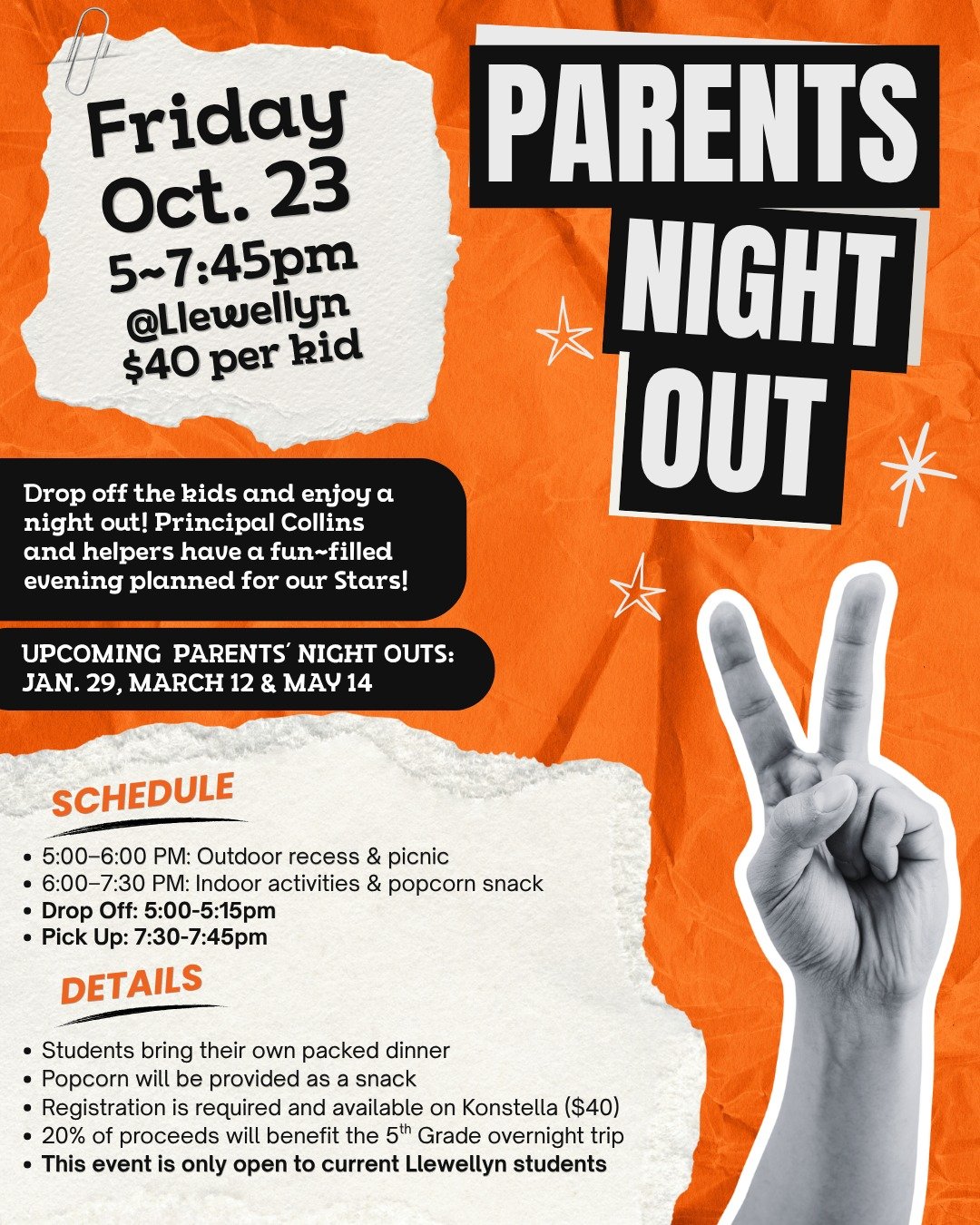 Back by popular demand it's Parents' Night Out on Friday, October 23! Drop off the kids and enjoy a night out. Principal Collins and helpers have a fun-filled evening planned for our Stars! 
Tickets available on Konstella for $40