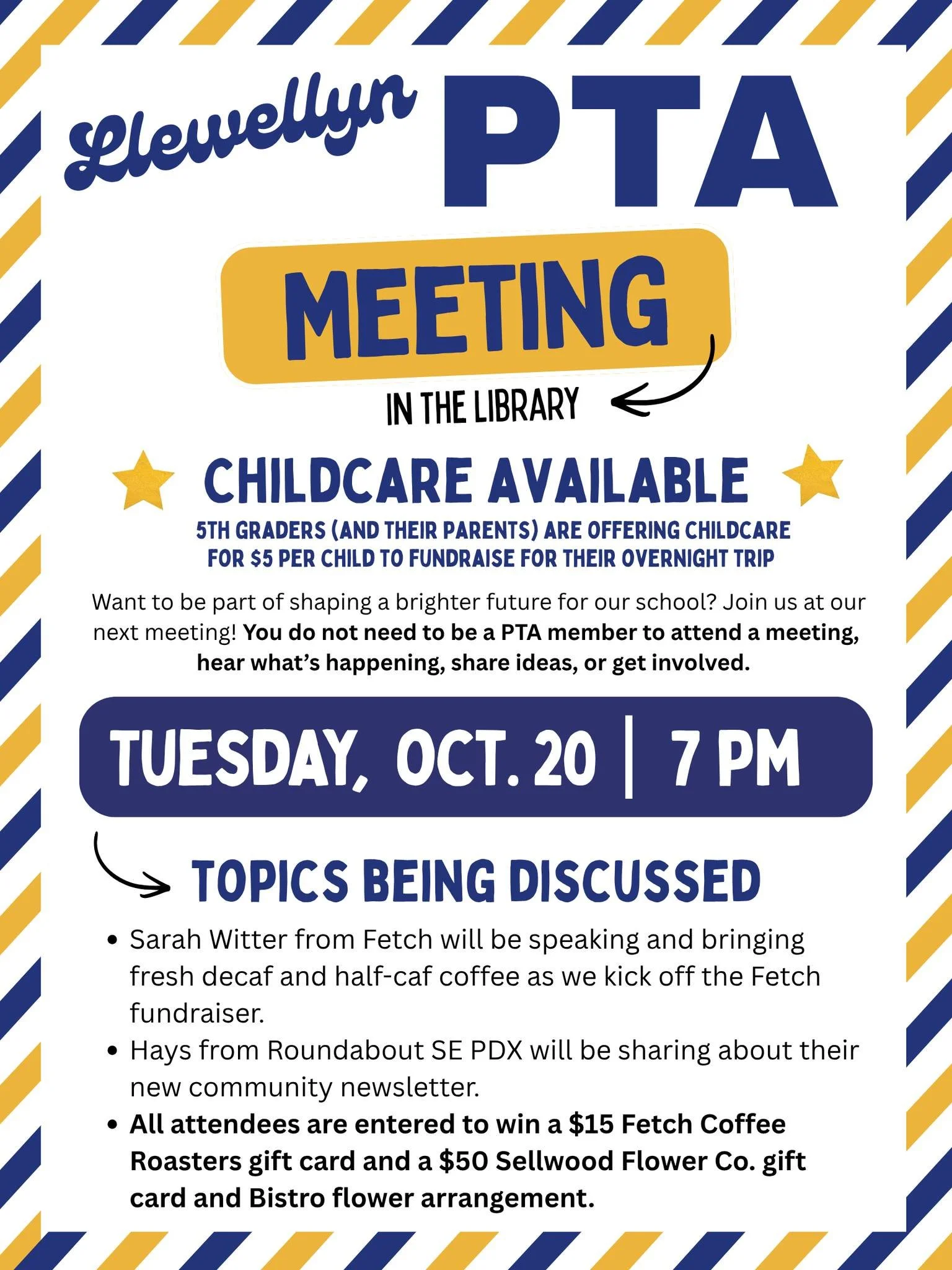 🌟 Join us on October 20th for the PTA meeting. Did you know that you don't need to be a member to attend a meeting, share ideas or get involved? Everyone is welcome! 5th graders (and their parents) will be offering childcare for $5 per kid to fundra