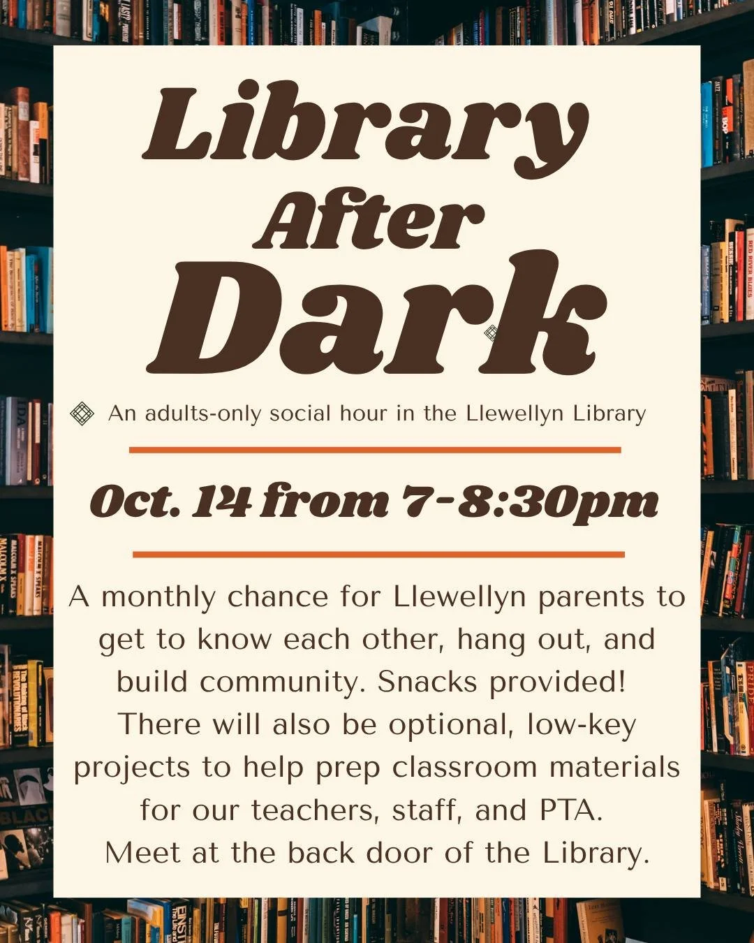 Leave the kids at home and head to the Library After Dark! 🔦 Next Wednesday, October 14th, we're hosting our monthly, adults-only gathering that gives us grown ups some time to connect and hang out. Bring a friend or come make a new one!