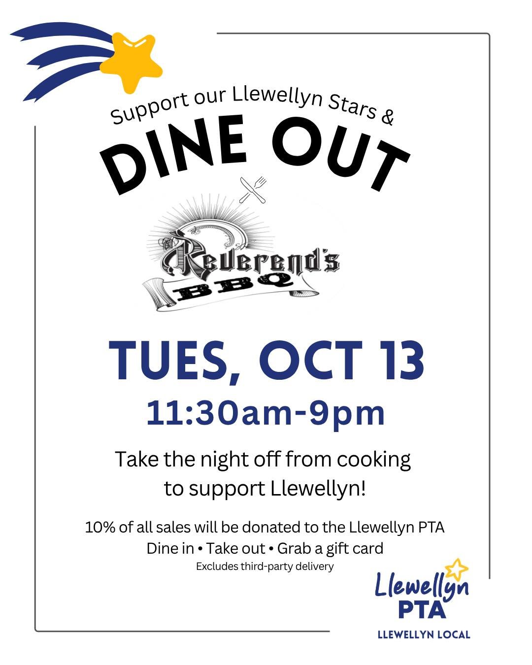 Cozy up in a big booth, order some take out, or stock up on gift cards at @reverendsbbq on October 13th and give back to Llewellyn! 
📣 The kid's menu is fantastic and all items are under $10 
💰 10% of dine in, take out and gift card orders will be 