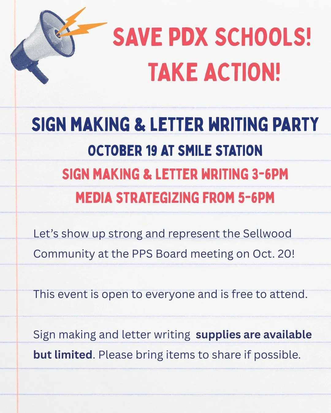 📣 Everyone is invited to this community event at SMILE Station. Let's show up strong at the PPS Board Meeting! 💪
Sign making supplies are limited. Please consider bringing items to share if you are able.