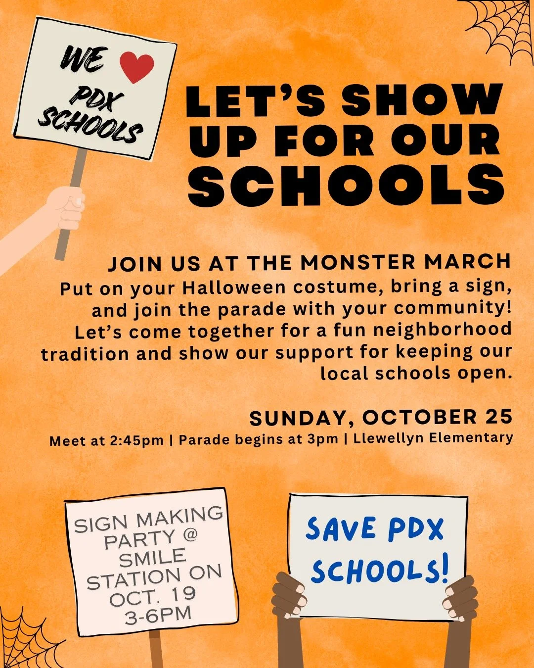 Join us at the Monster March! 
Put on your Halloween costume, bring a sign, and join the parade with your community!  Sign making party at Sellwood SMILE tonight from 3-6pm. 
Let&rsquo;s come together for a fun neighborhood tradition and show our sup