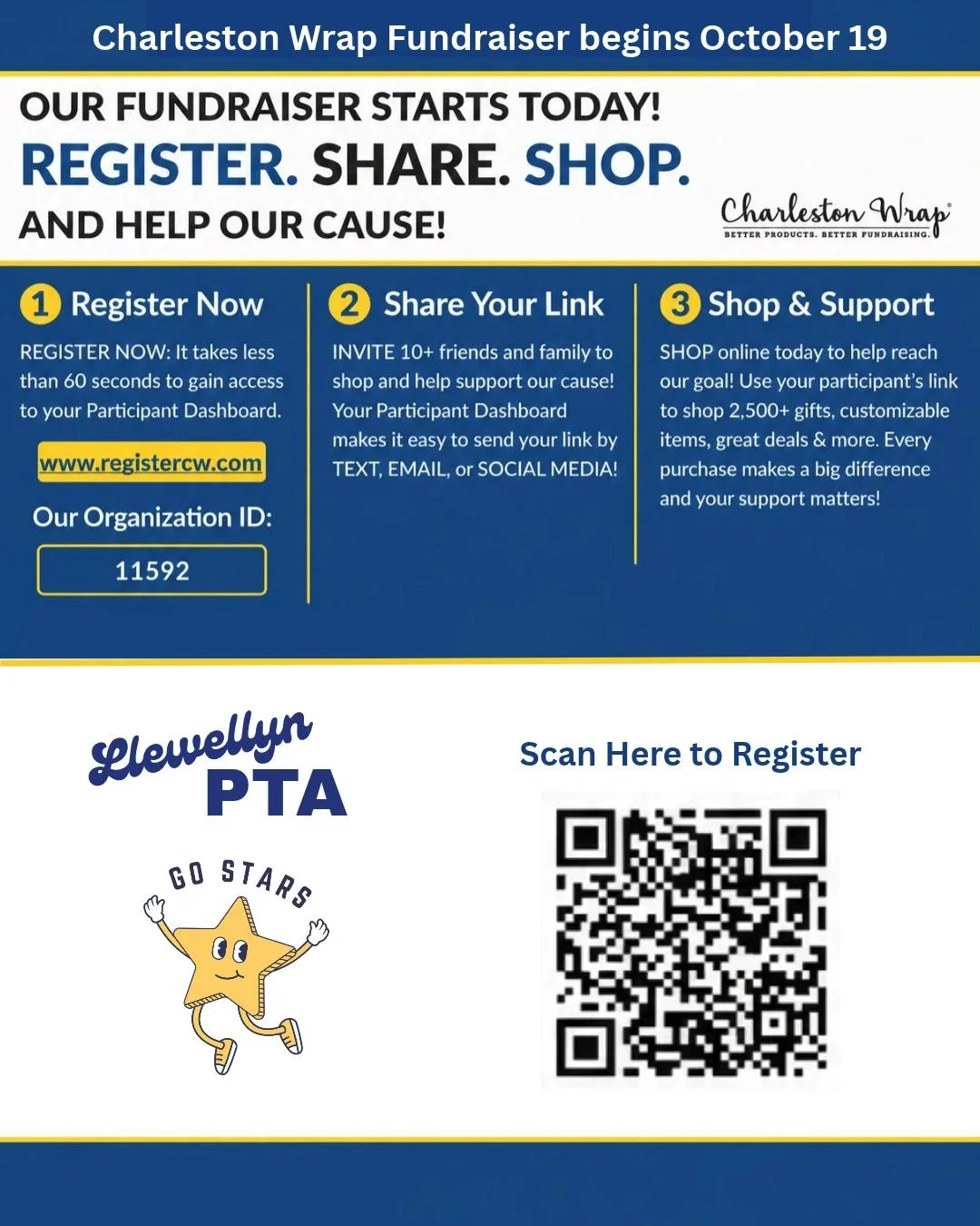 Charleston Wrap Fundraiser is here! 
Let&rsquo;s help our school reach its fundraising goal and stock up on gifts, wrapping paper and more for the holidays! 💙💛
1️⃣ REGISTER at registercw.com using Organization ID 11592.
2️⃣ SHARE your personal shop