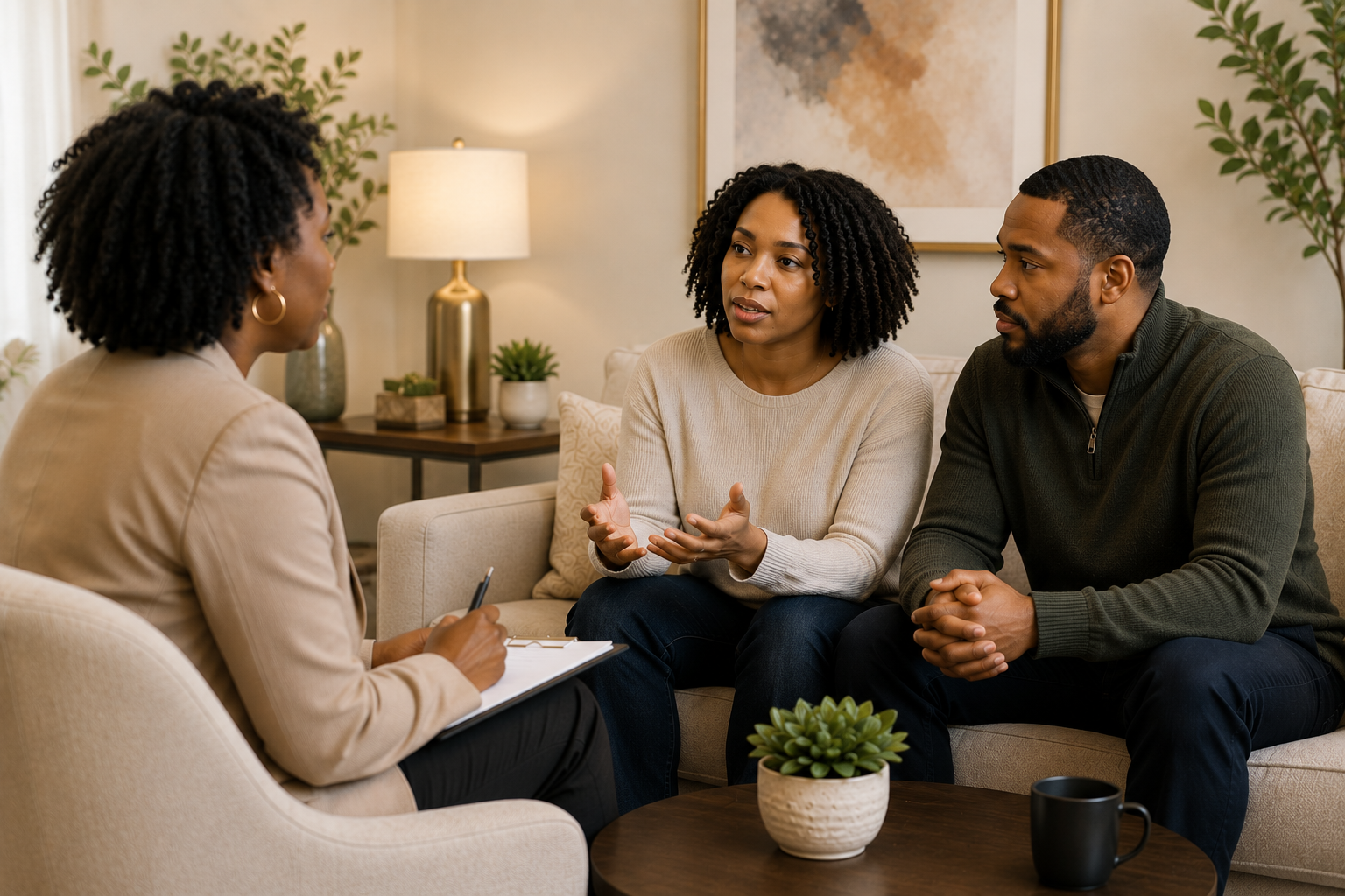 black couple in couples therapy with an EFT therapist