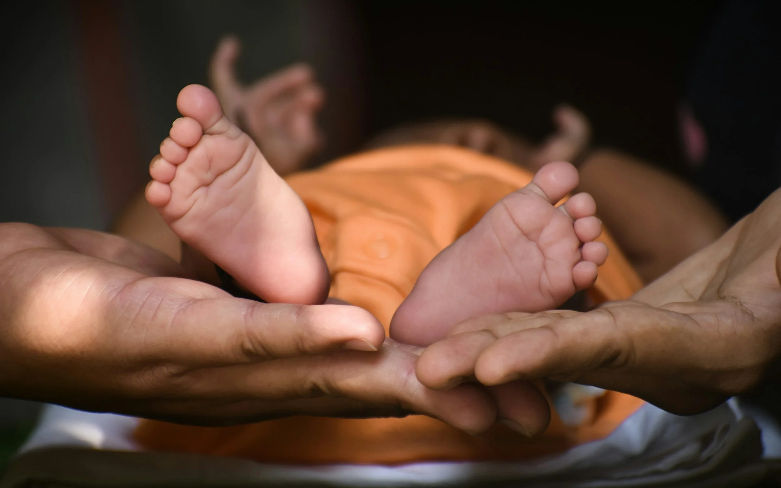 Close-up of a baby's feet held carefully by two adult hands, lying on a soft surface with a blurred background.