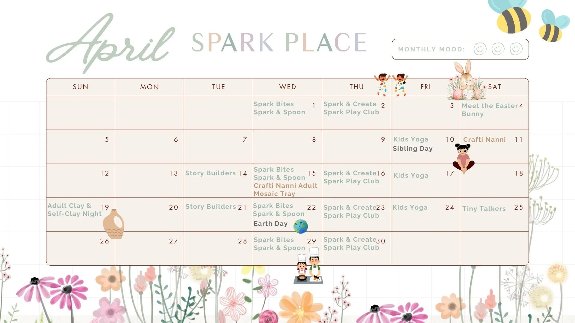 April calendar featuring scheduled class , events and activities like Spark Bite, Spark & Spoon, Kids Yoga, and story builders and more.