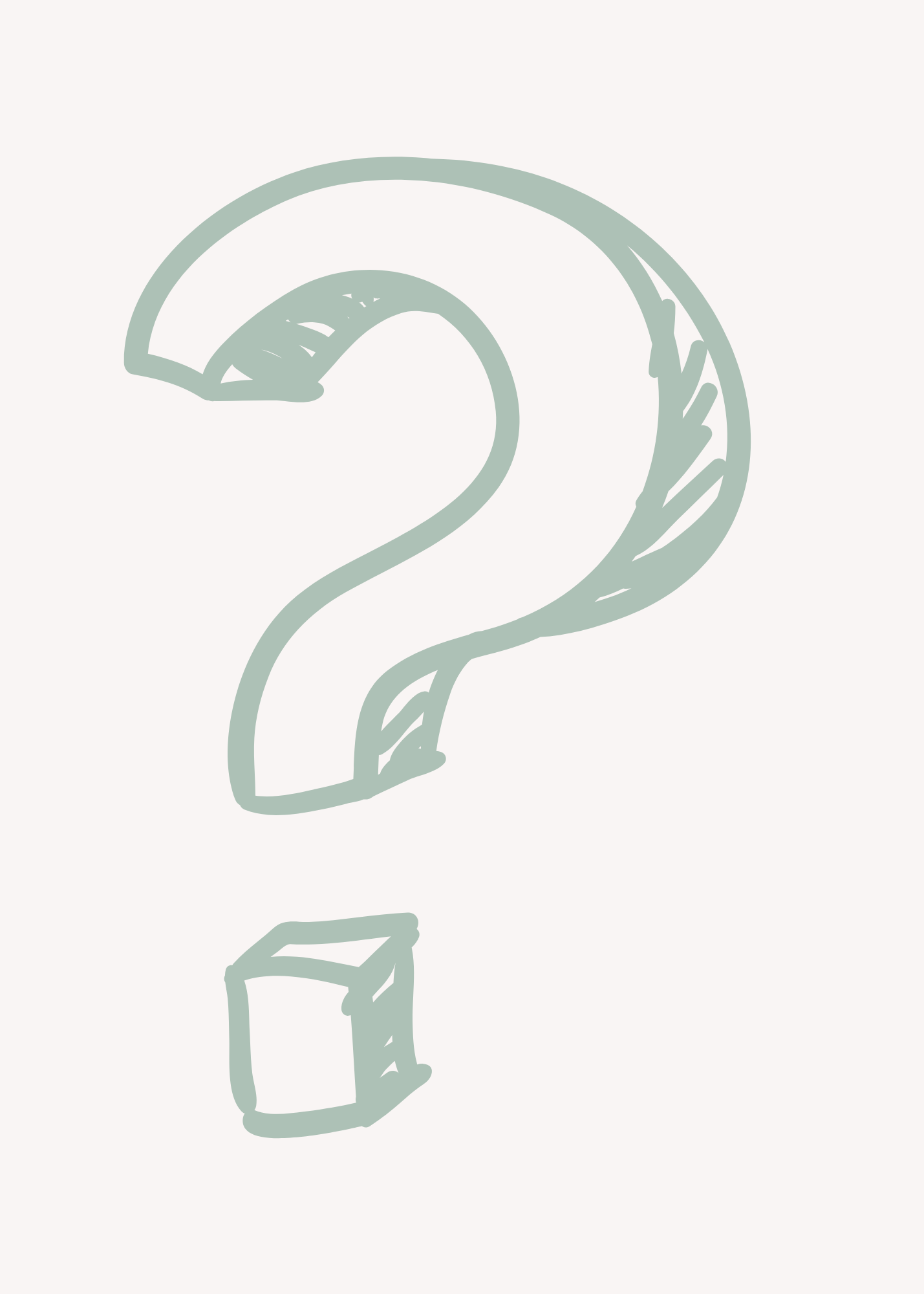 A hand-drawn illustration of a large question mark with a small cube shape underneath.