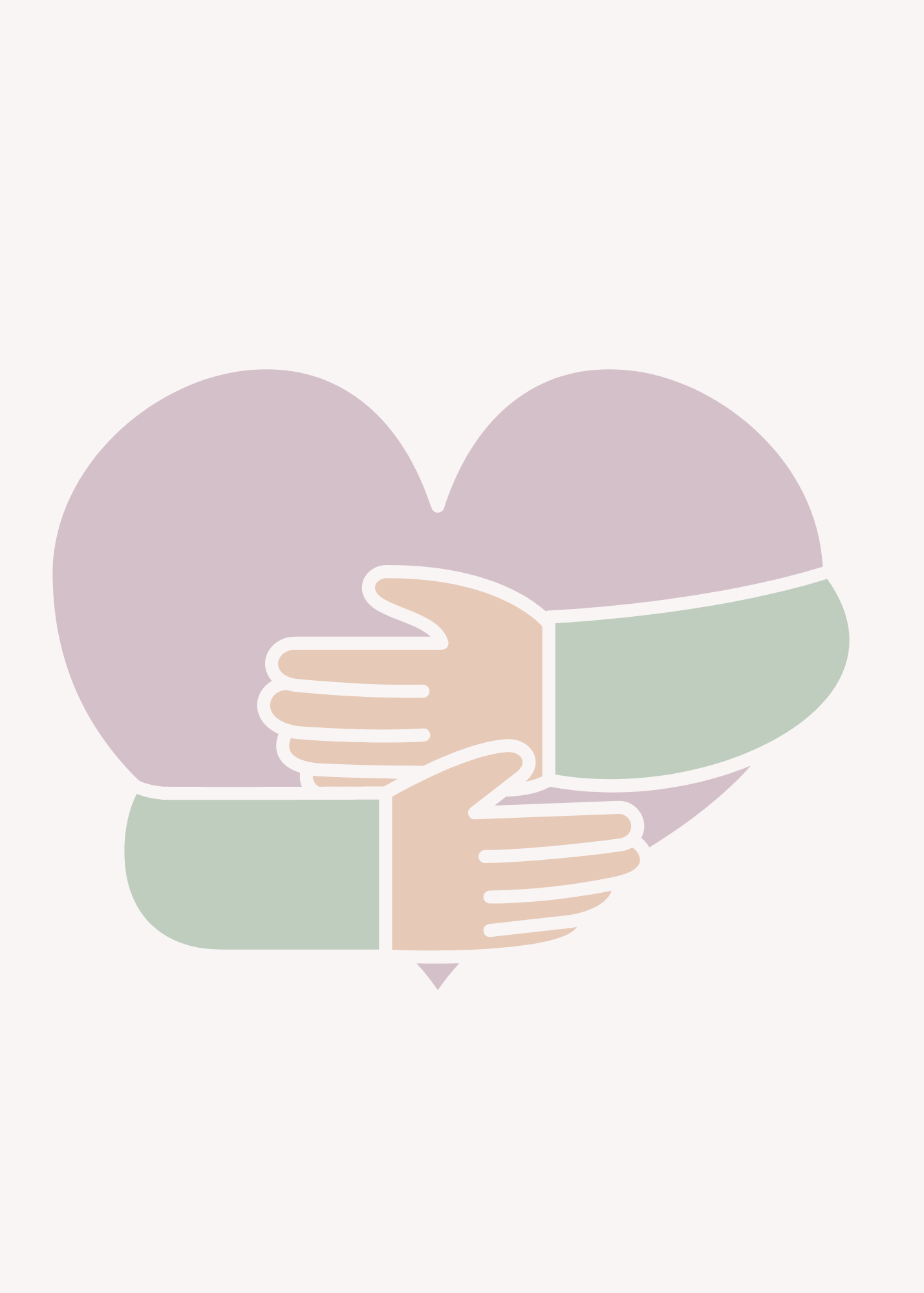 Minimalist illustration of four hands in pastel colors embracing in front of a heart shape.