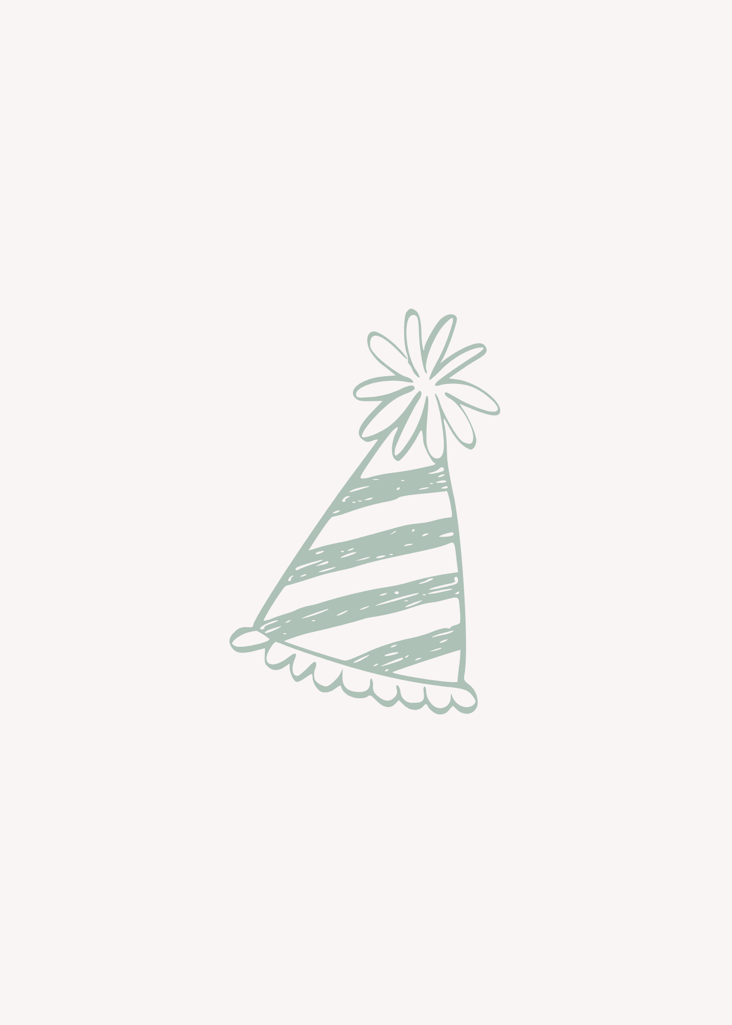 Minimalist drawing of a party hat with horizontal stripes and a flower on top.